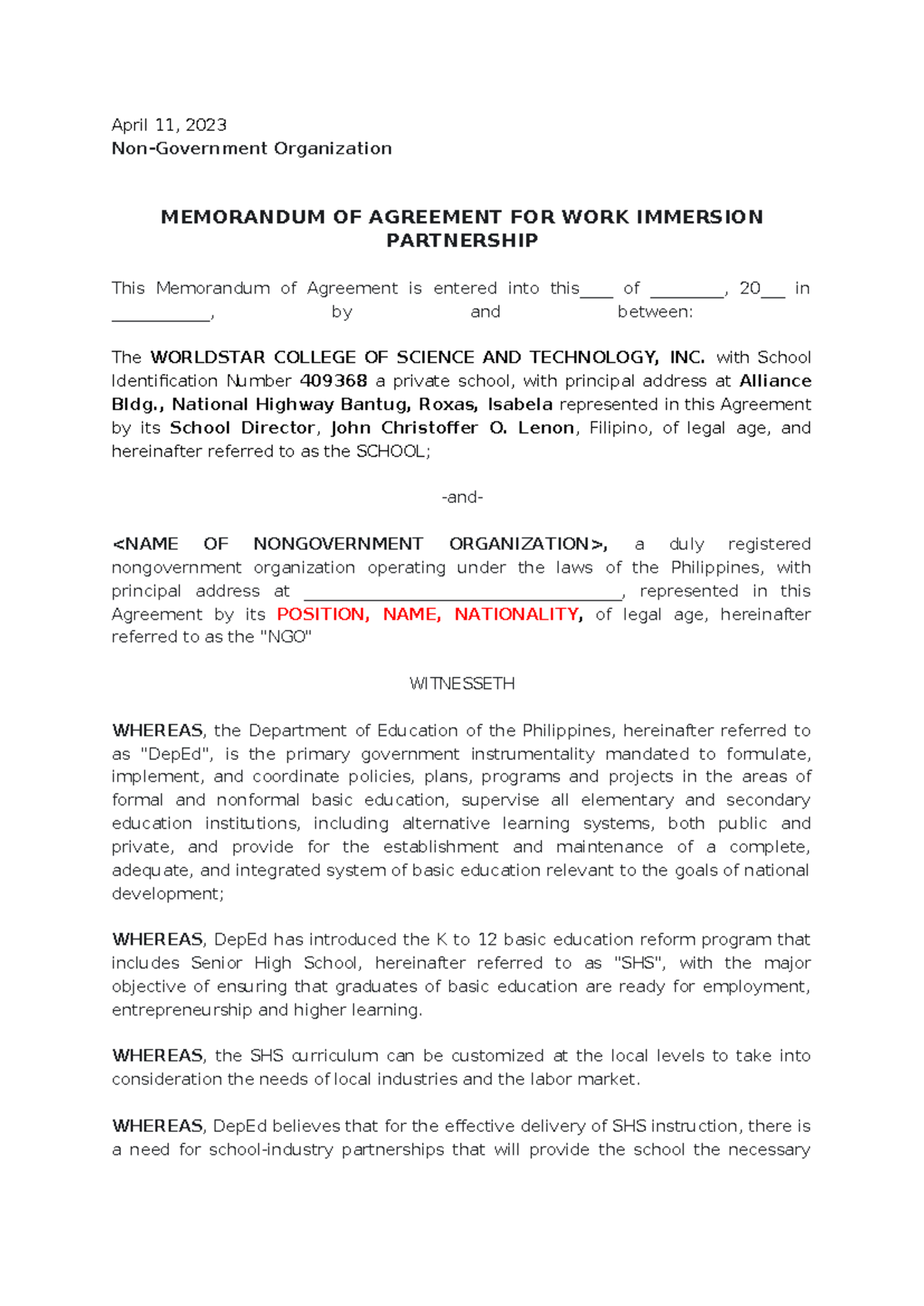 Memorandum of Agreement for Work Immersion Program (K12-SHS) - Studocu
