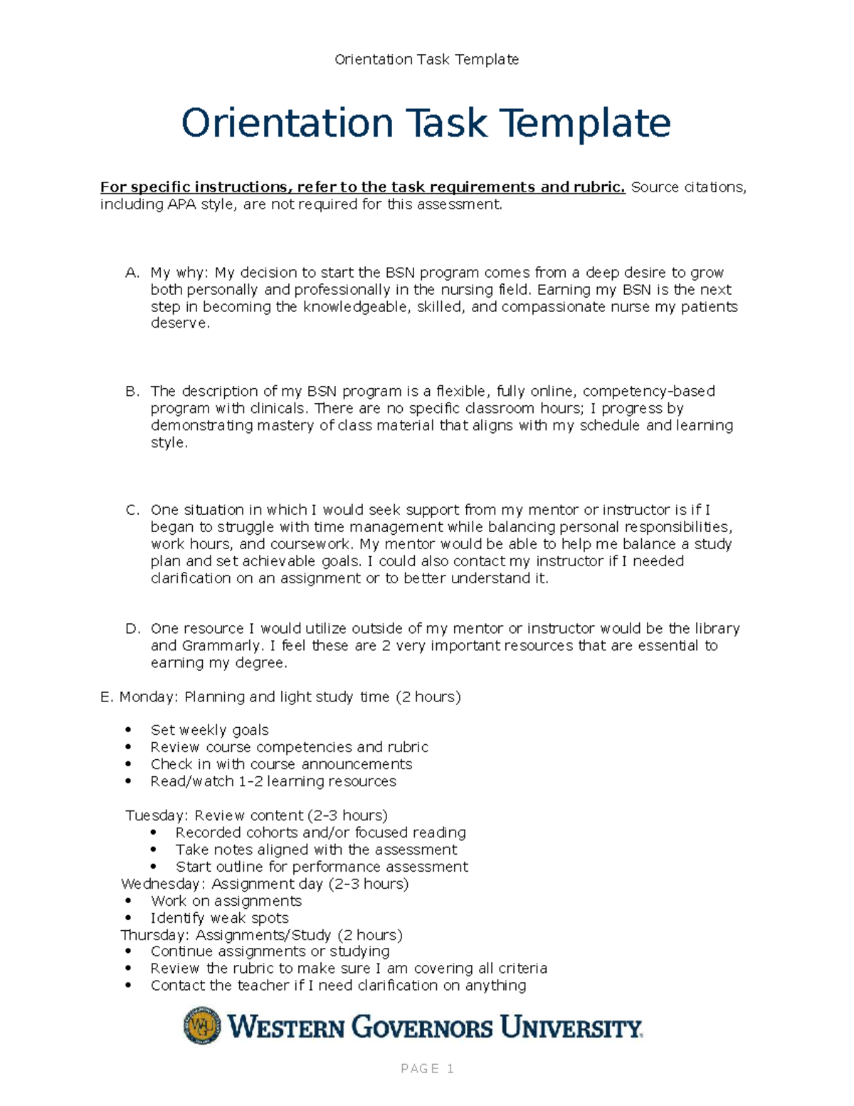 BSN Orientation Task Template: My Path to Success - Studocu