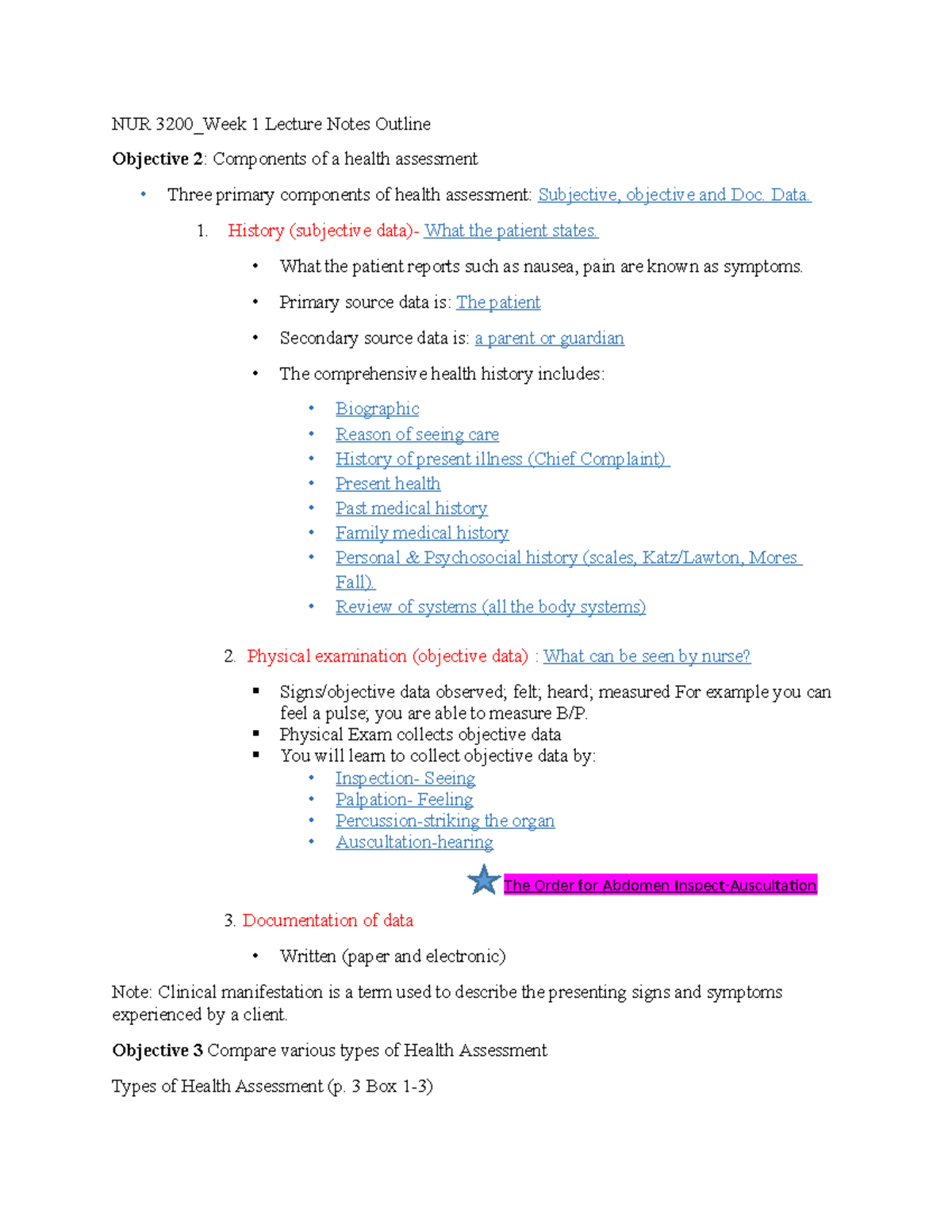 NUR 3200 Week 1 Lecture Notes: Health Assessment Components Overview ...