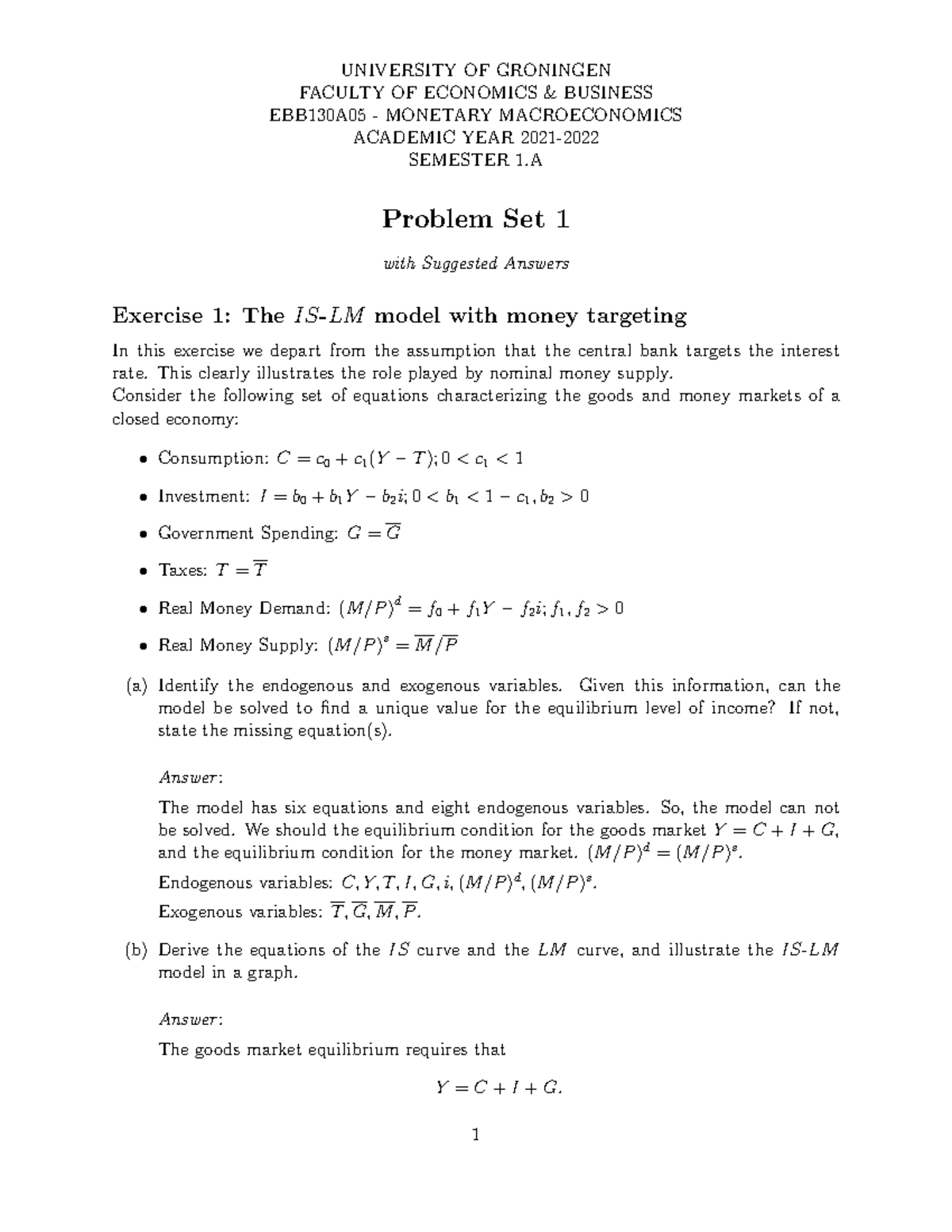Macro EBB130A05 Problem Set 1-3 with Suggested Answers - Studeersnel