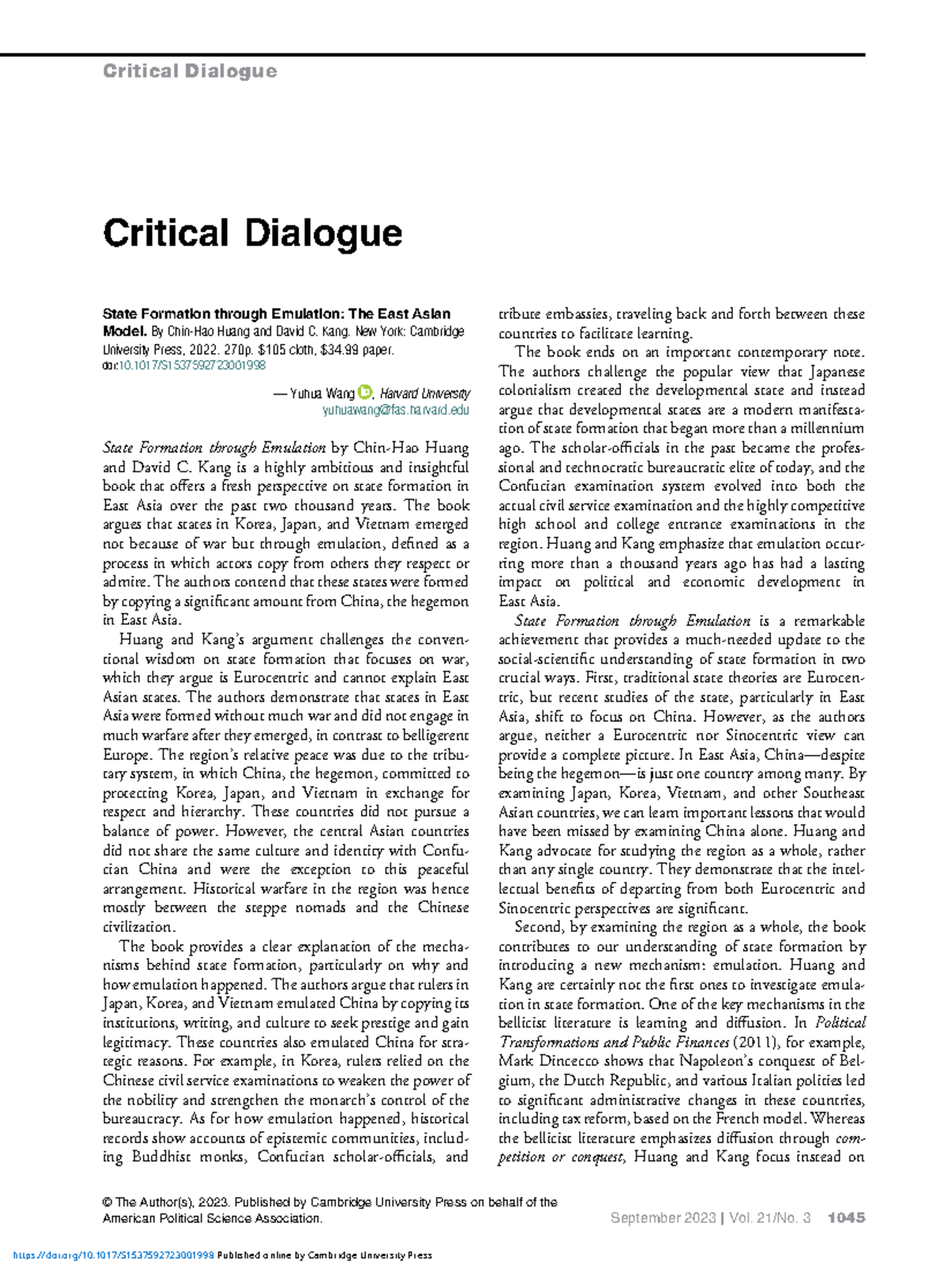 Critical Dialogue: State Formation through Emulation in East Asia (2022 ...