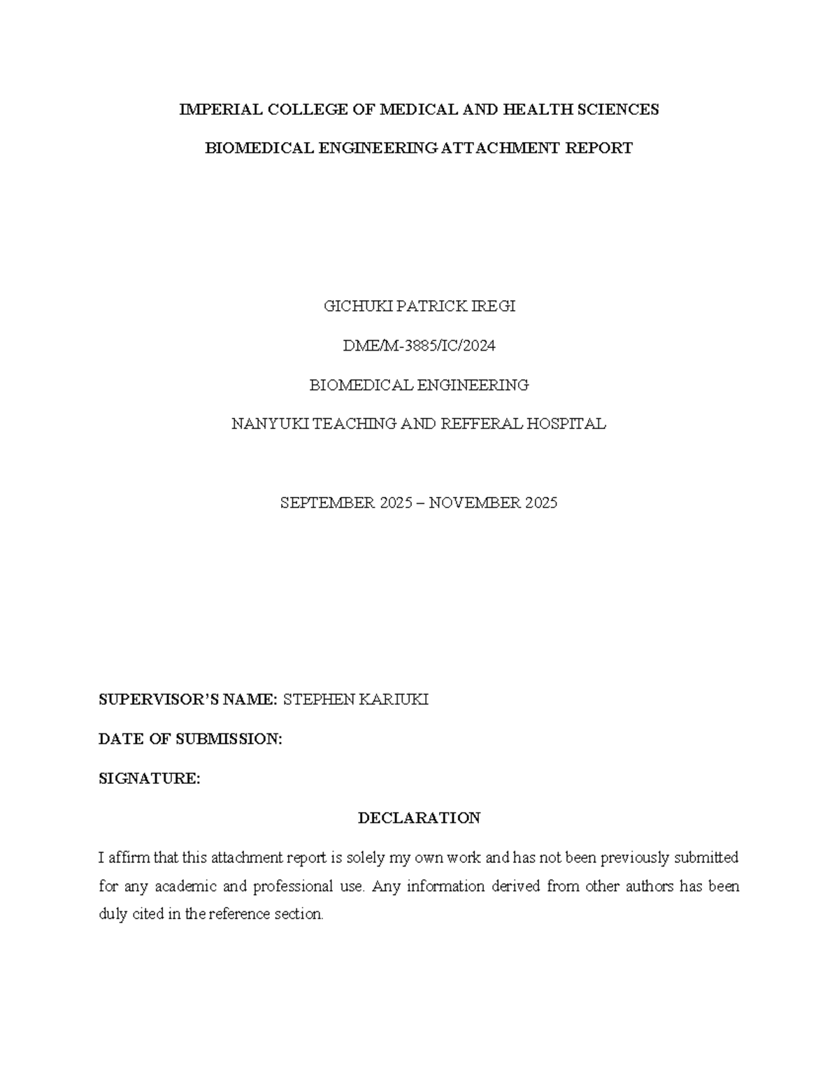 Biomedical Engineering Attachment Report (BME 2025) at Nanyuki Hospital ...