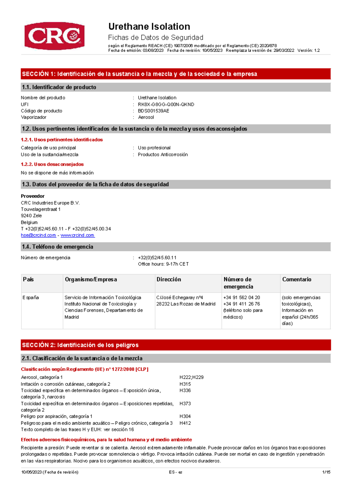 Fichas de Datos de Seguridad FDS-Urethane Isolation según REACH (CE ...