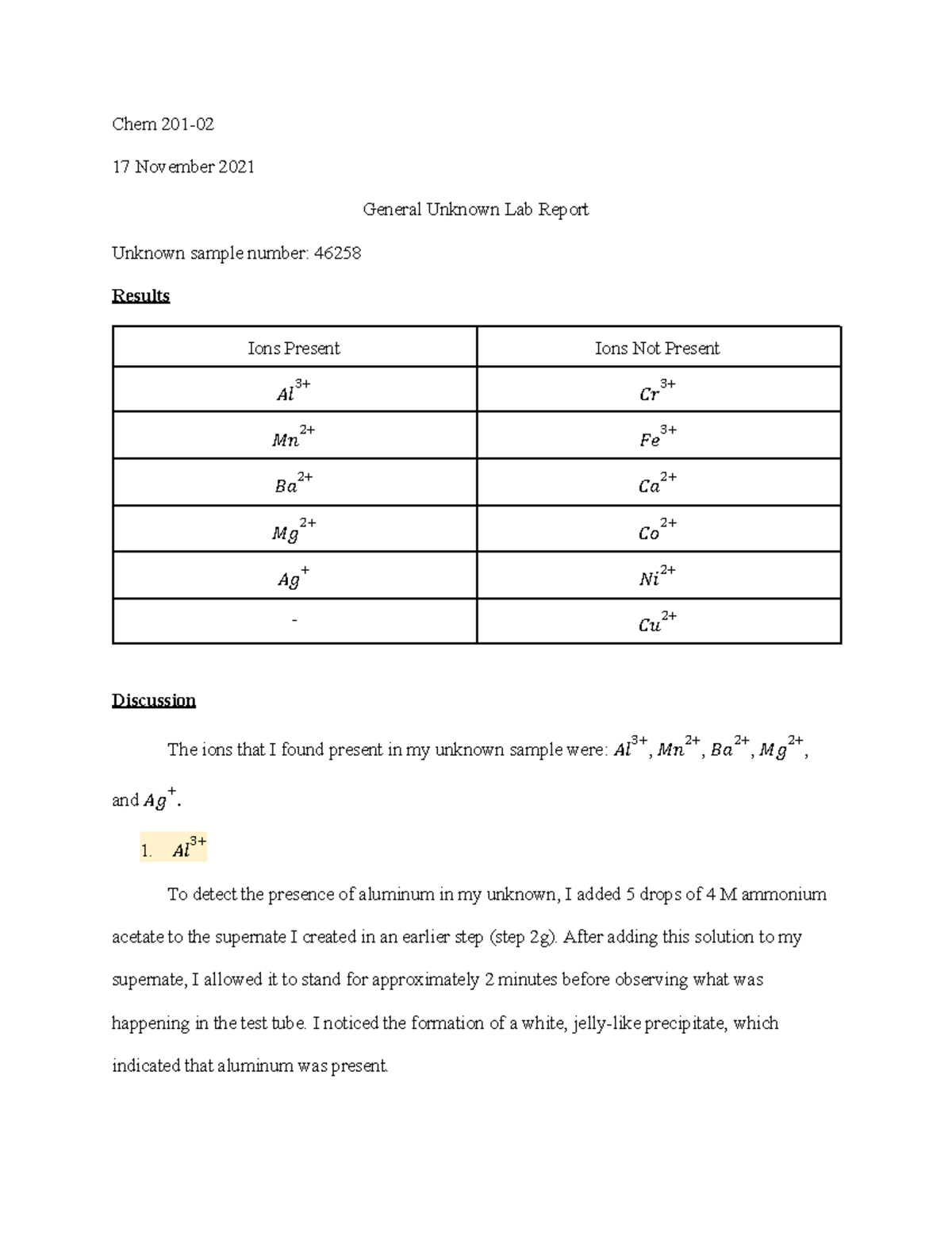 Chem 201 General Unknown Lab Report Analysis - November 2021 - Studocu