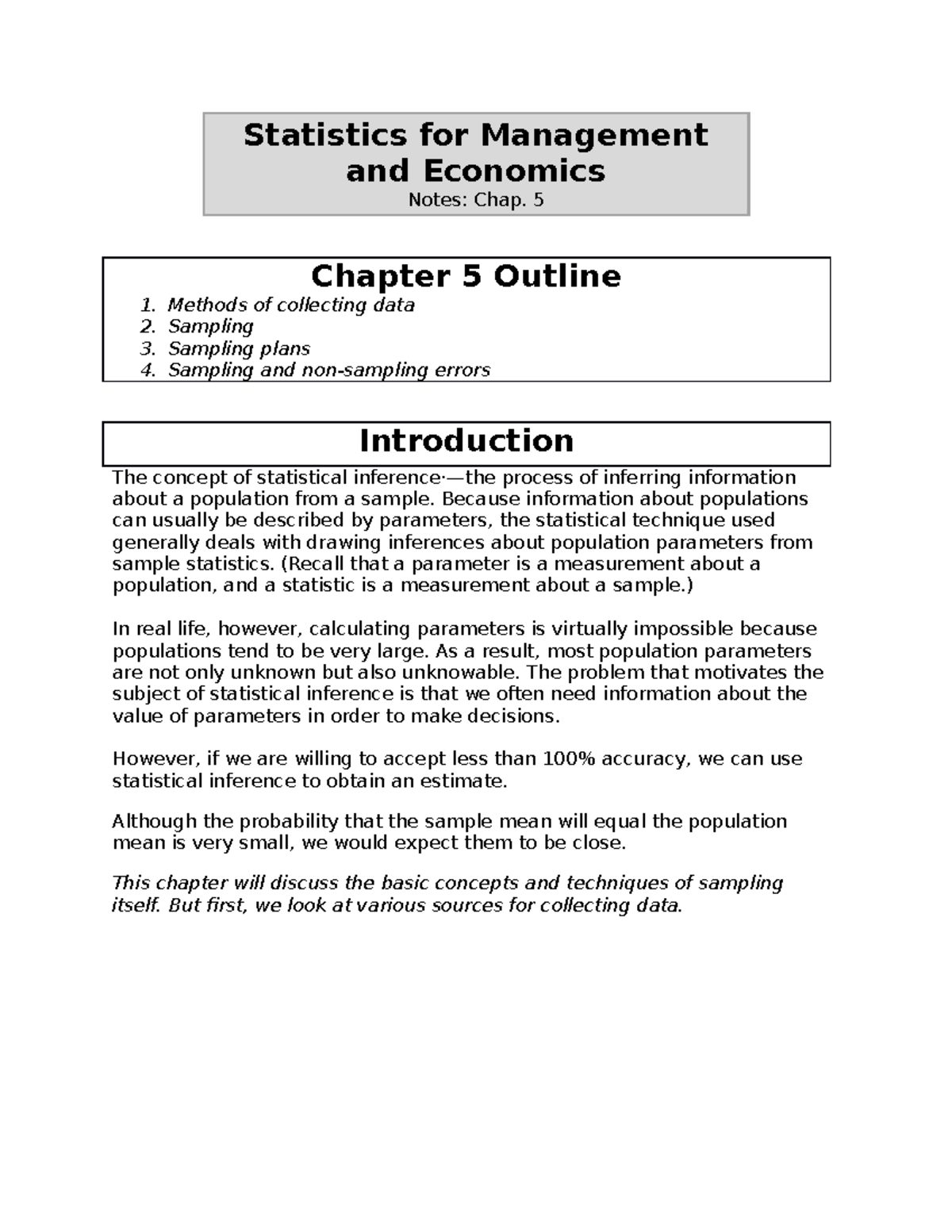 Chap. 5 - Sampling Methods & Statistical Inference for Economics - Studocu