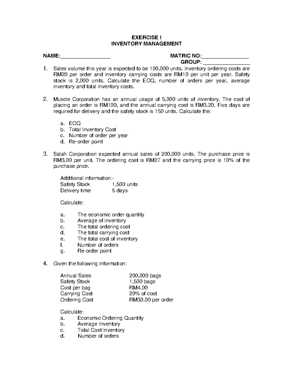 Exercise I: Inventory Management Calculations (Chapter 3) - Studocu