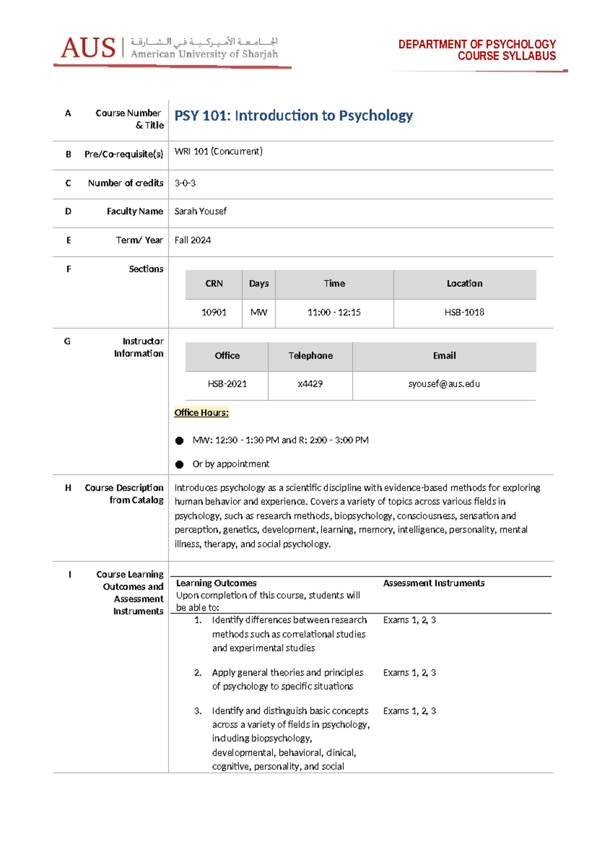 PSY 101: Introduction to Psychology Syllabus - Fall 2024 by Sarah ...
