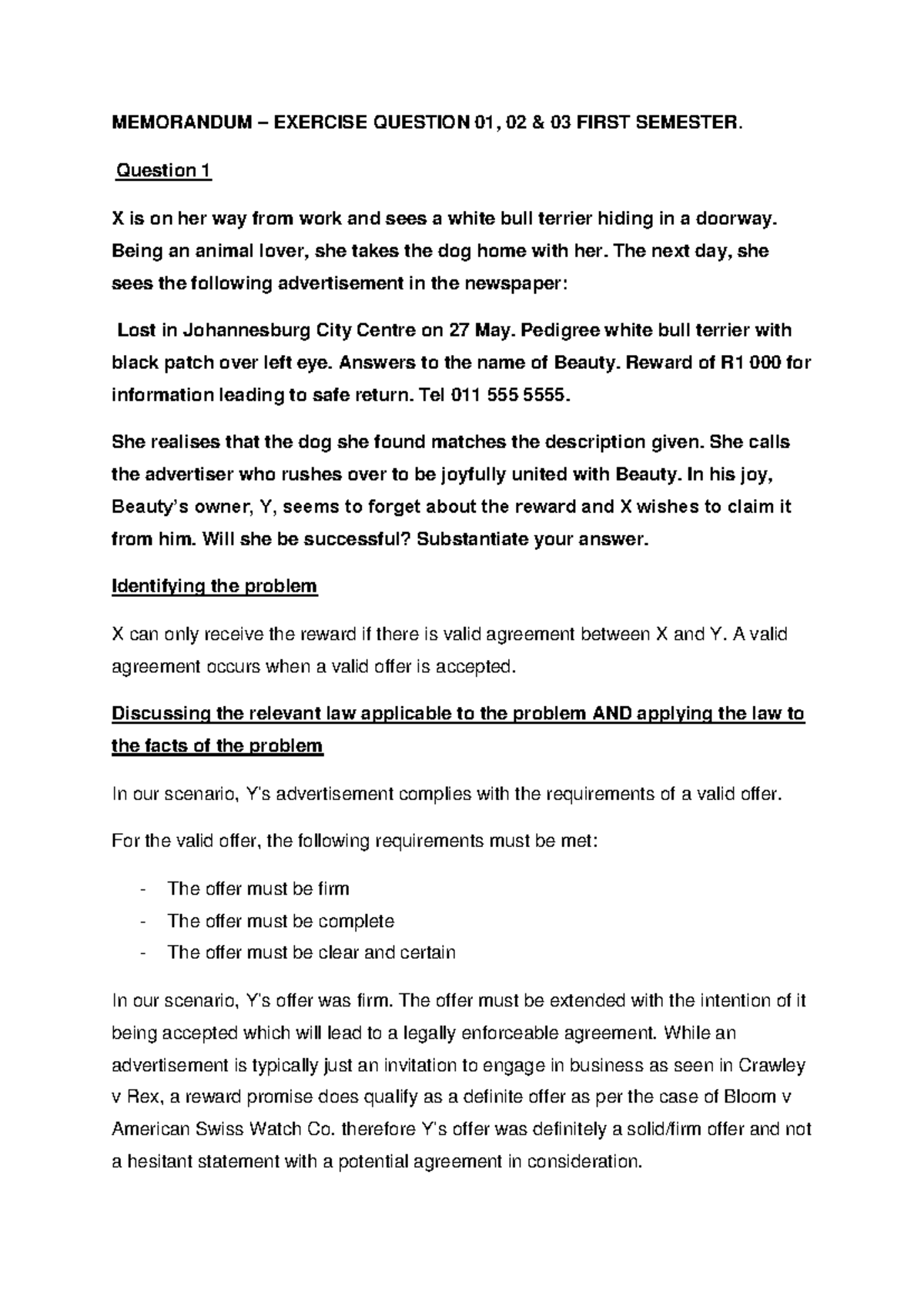Memorandum FOR Exercise Questions 1-3 - MEMORANDUM – EXERCISE QUESTION ...
