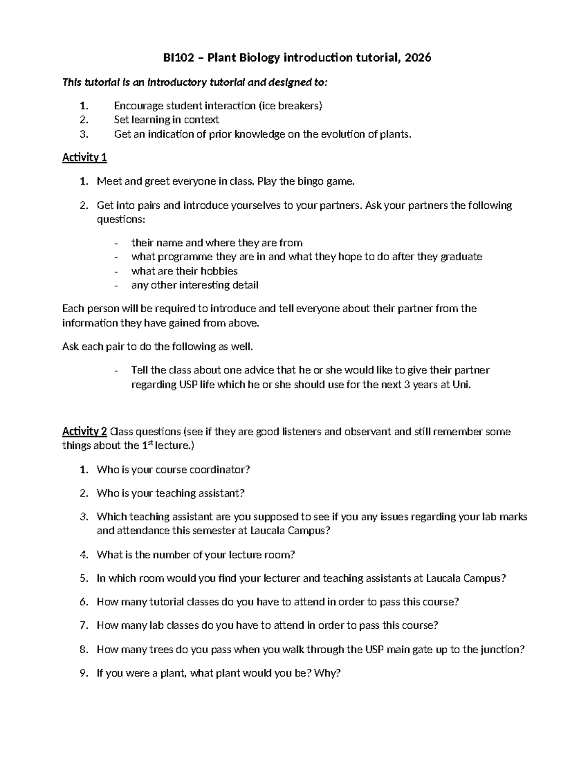 BI102 Introductory Plant Biology Tutorial Activities 2026 - Studocu