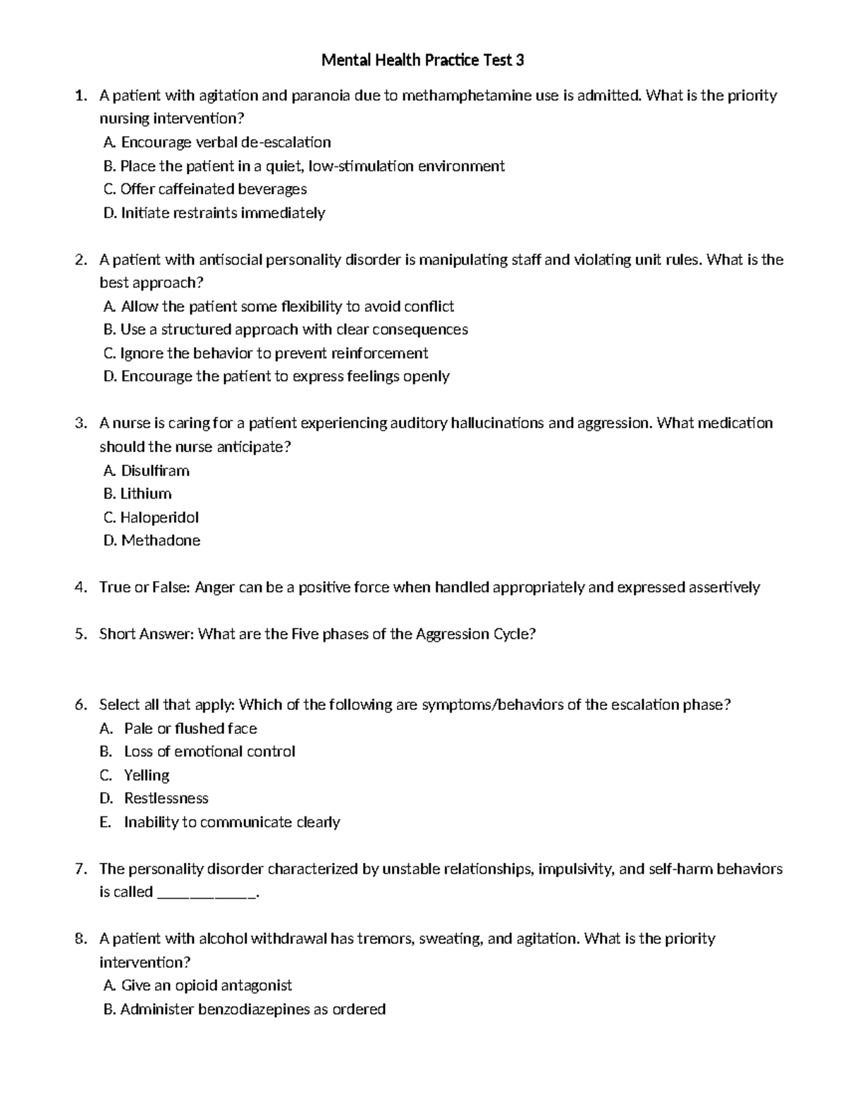MH Test 3: Mental Health Nursing Practice Questions and Answers - Studocu