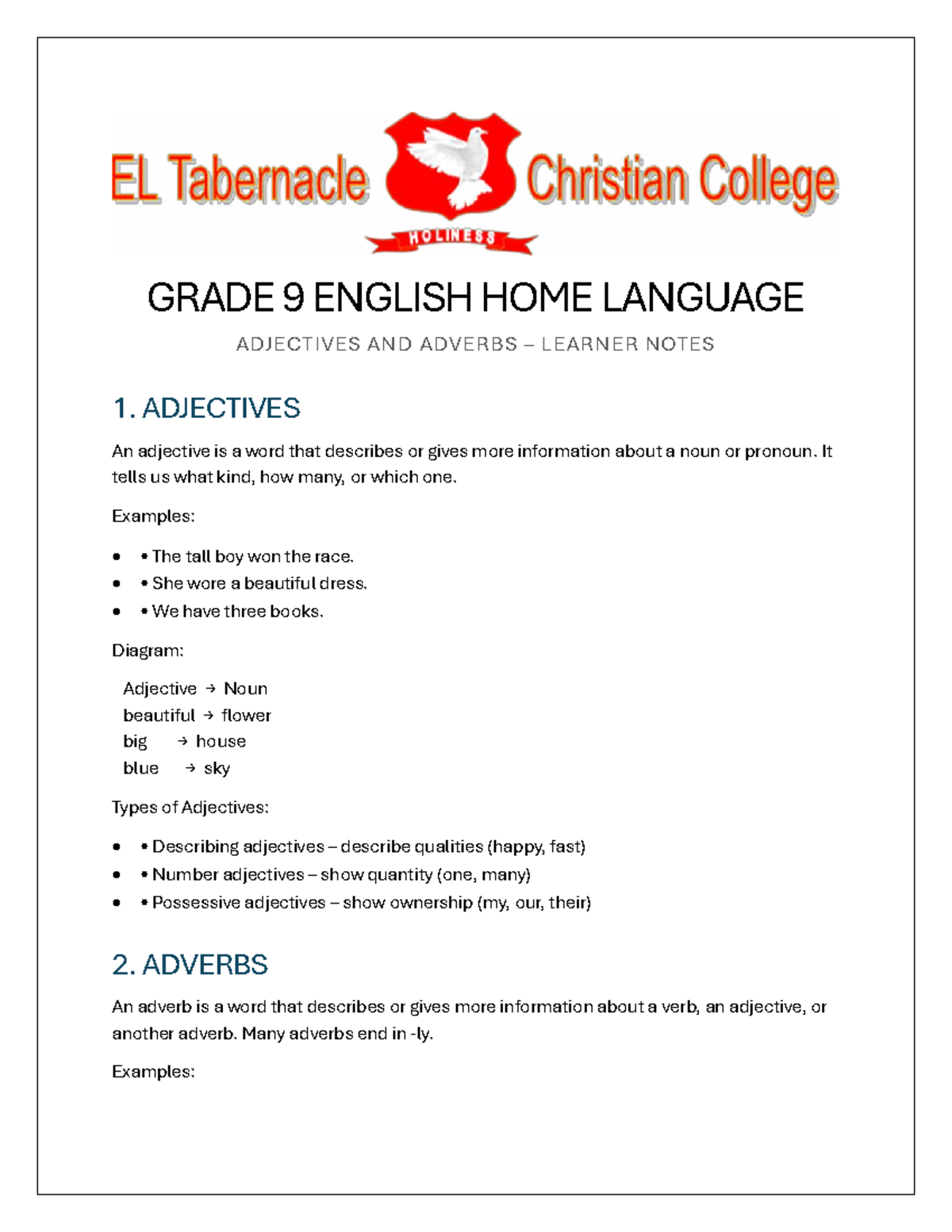 GRADE 9 ENGLISH HOME LANGUAGE: ADJECTIVES & ADVERBS NOTES - Studocu