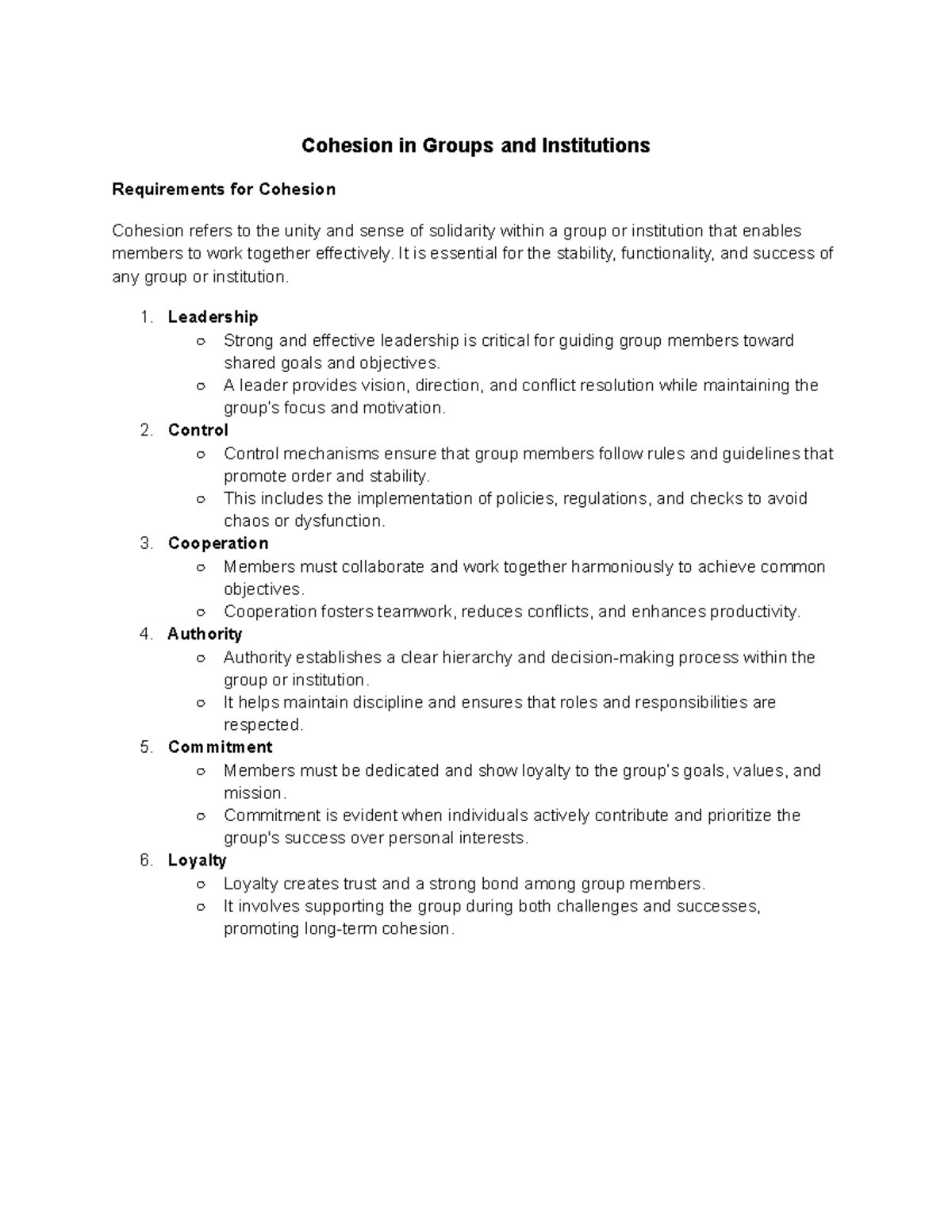 Cohesion in Groups & Institutions: Key Requirements for Success - Studocu