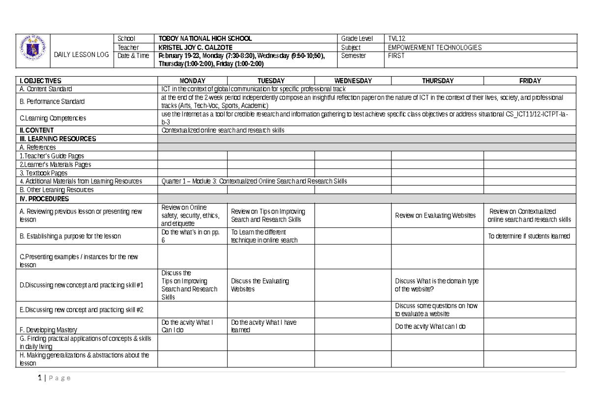 Week 3 Dll Empowerment Tech Lesson Plan Feb 19 23 Studocu