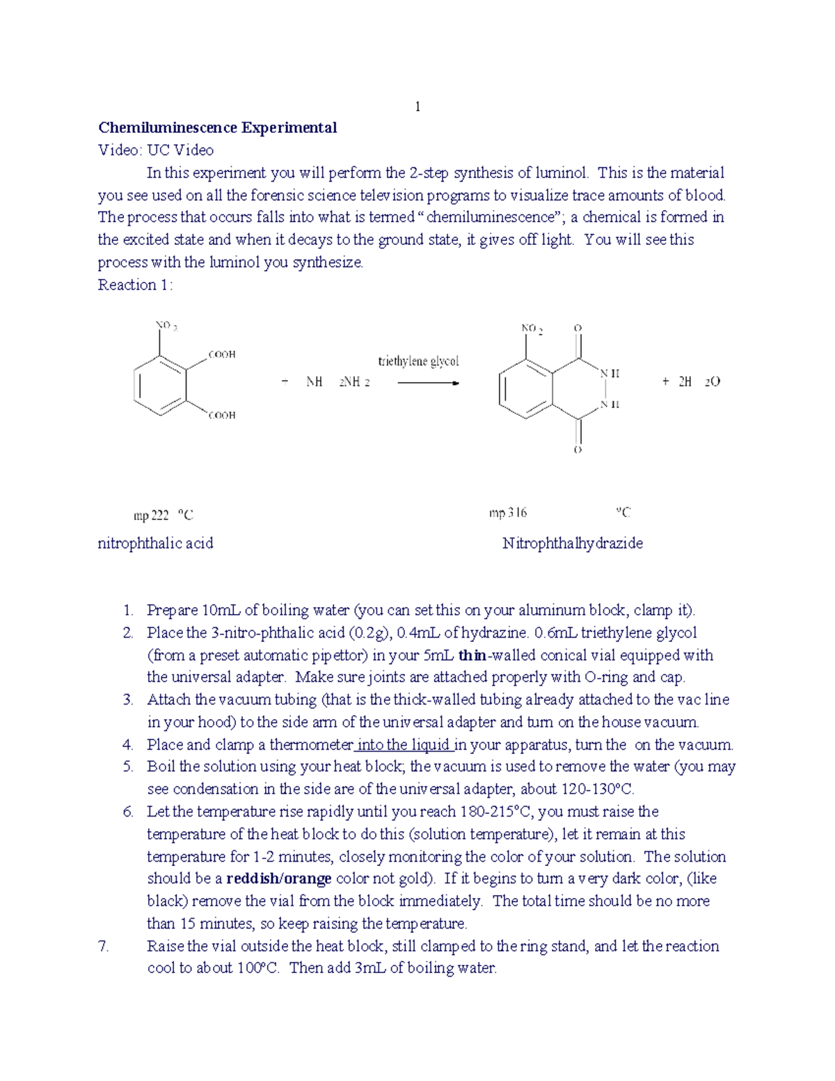Chemiluminescence Experiment: Synthesis of Luminol (UC) - Studocu