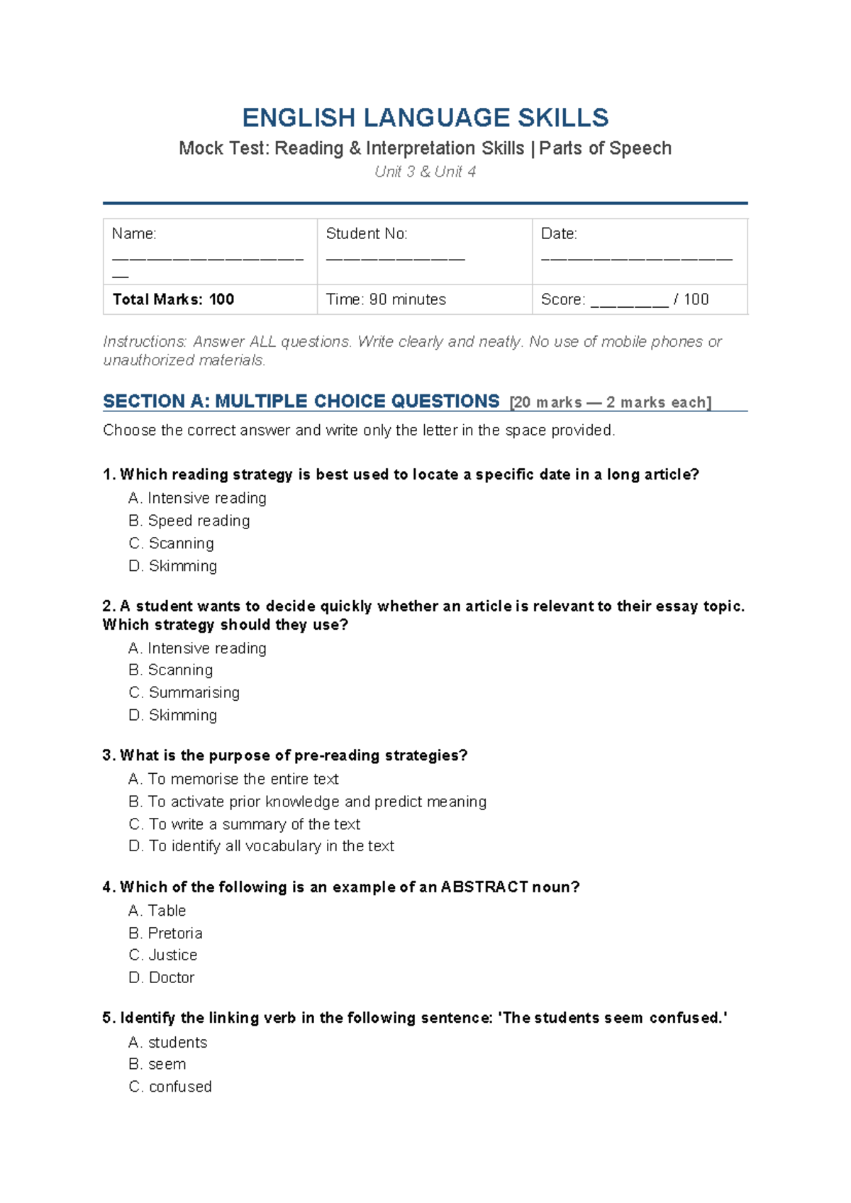 Mock Test: English Language Skills (Unit 3 & 4) - Studocu