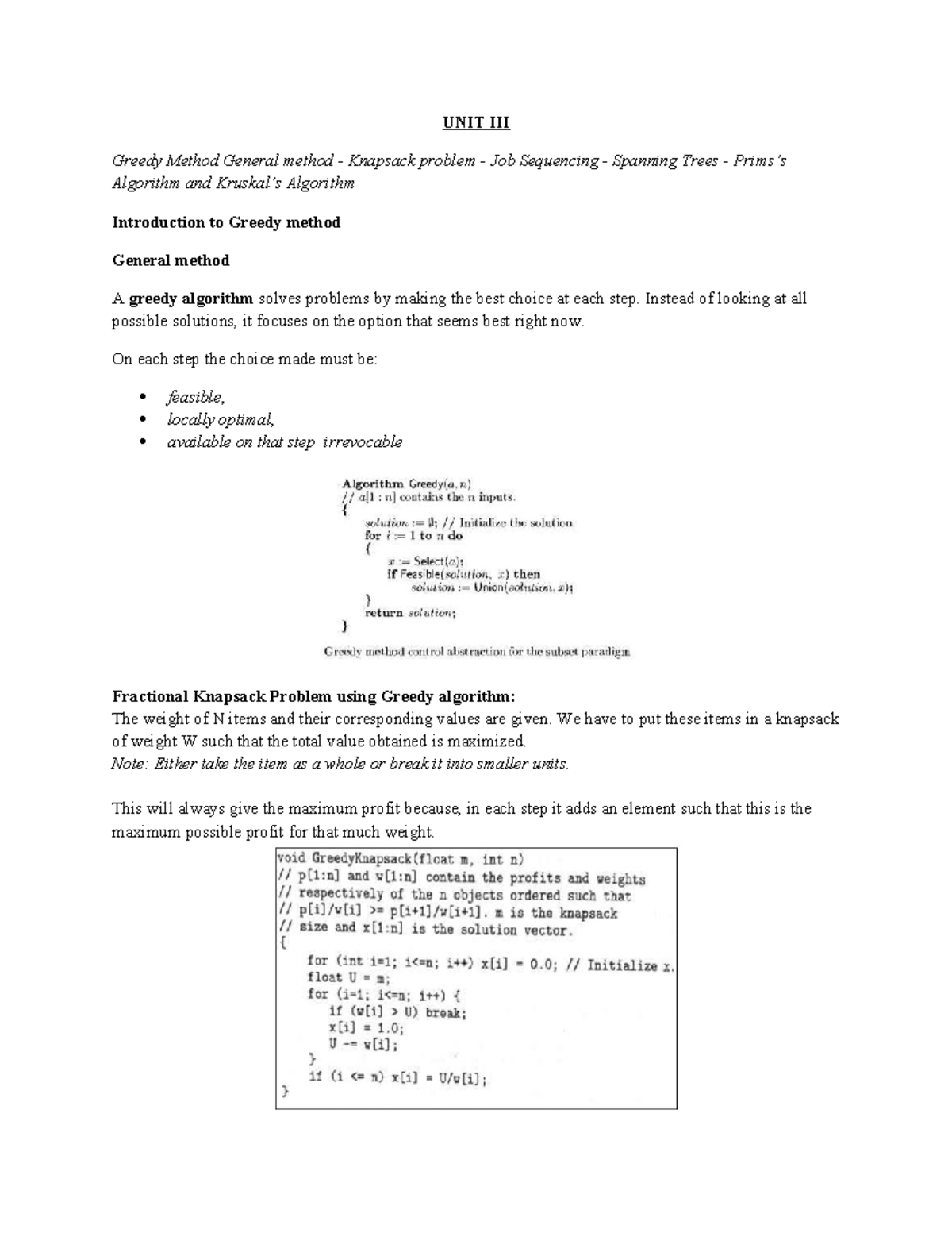 UNIT III - Greedy Algorithms: Knapsack & Job Sequencing Problems - Studocu