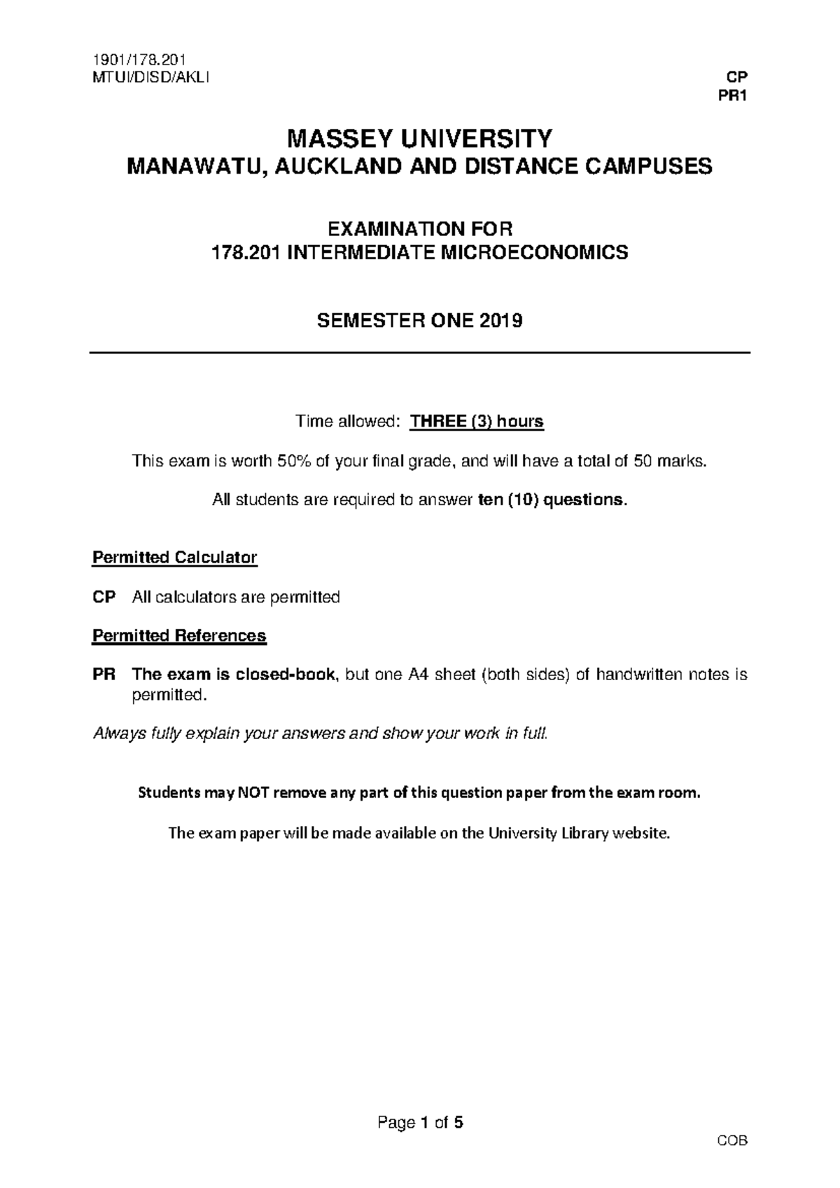 178.201 Intermediate Microeconomics Final Exam Questions - Semester 1 ...