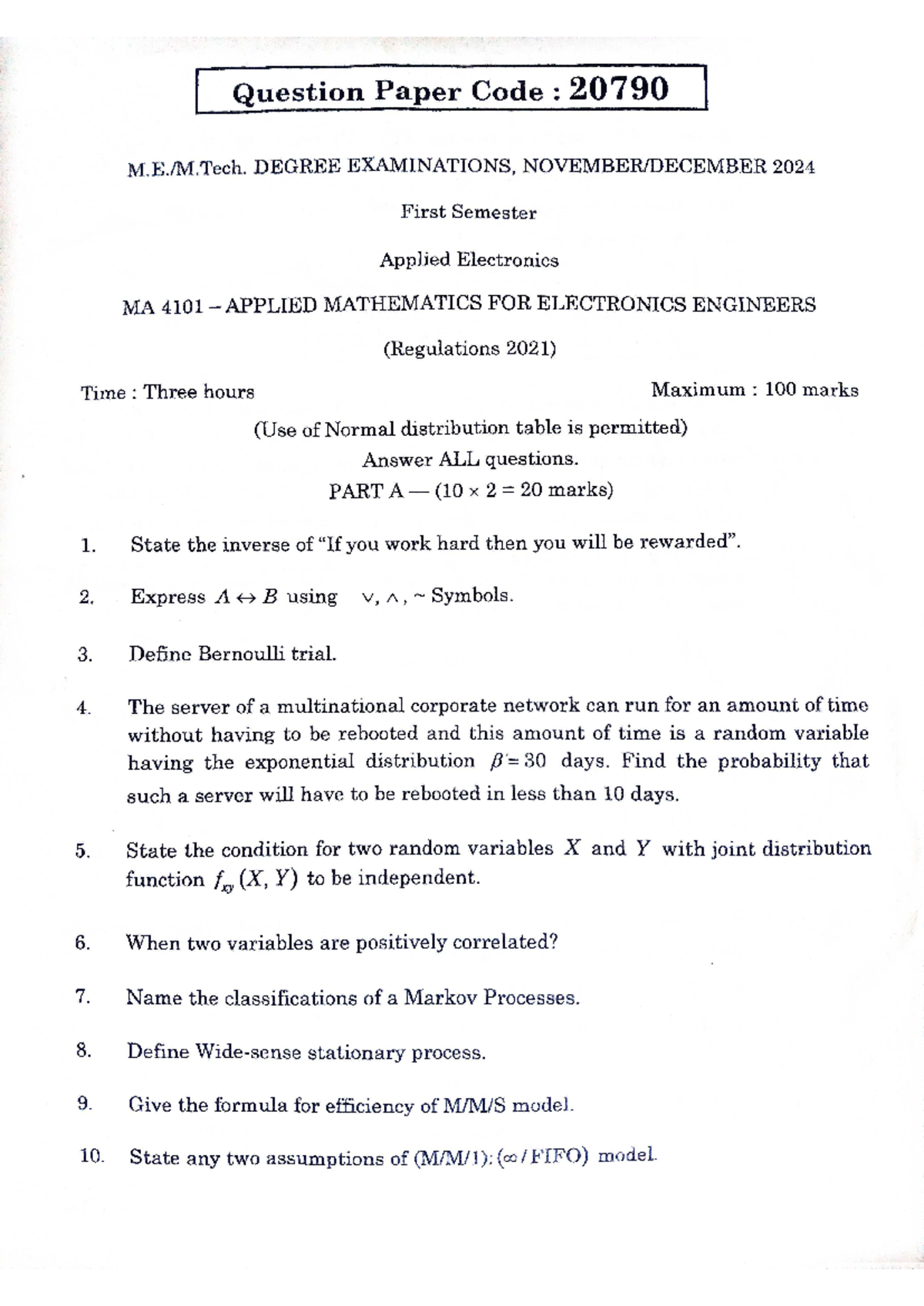 MA 4101 Final Exam Question Paper - Applied Mathematics for Electronics ...