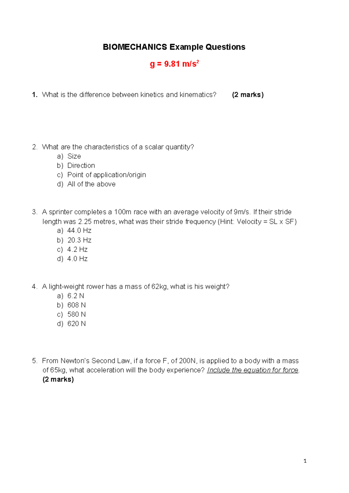 Biomechanics Example Questions & Solutions (Course Code: BIOMECH) - Studocu