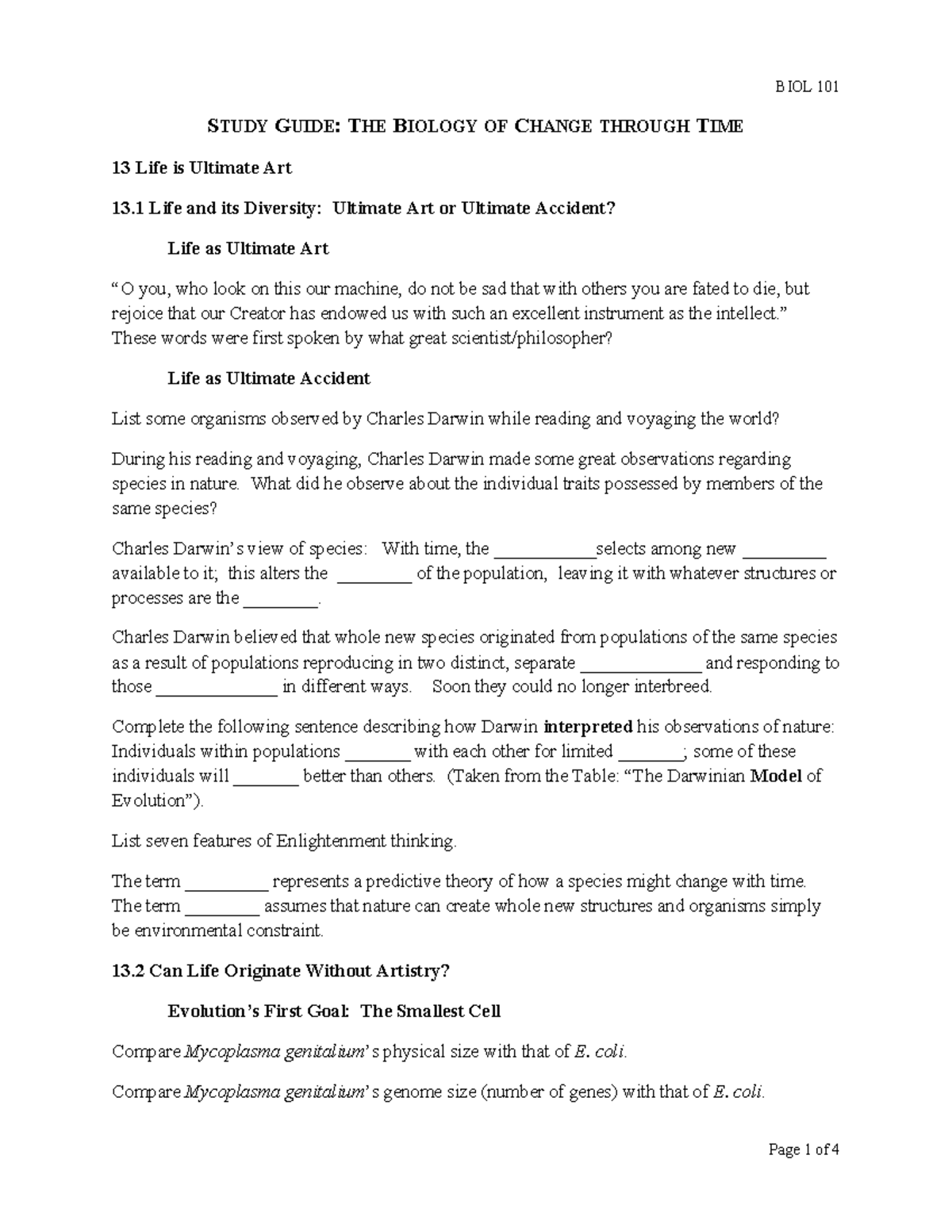 Study Guide: BIOL 101 - The Biology of Change Over Time - Studocu