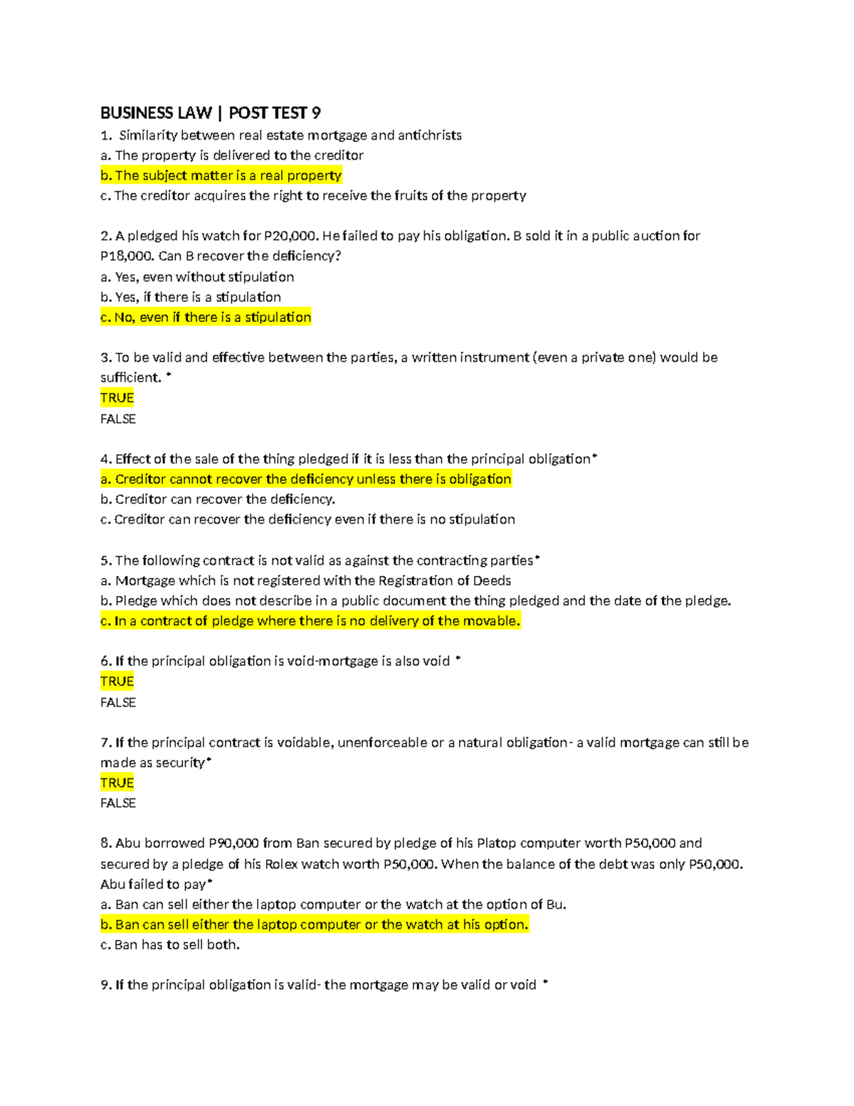 BUSINESS LAW - POST TEST 9: Concepts & Key Principles Explained - Studocu