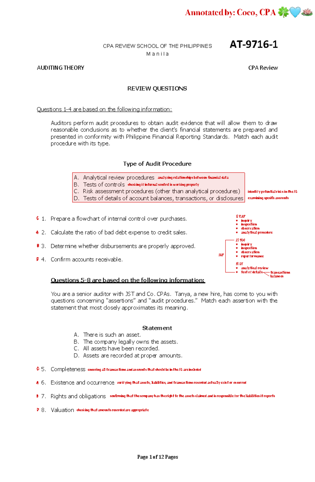 Annotated Auditing Theory Review Questions for CPA Exam (CPA) - Studocu