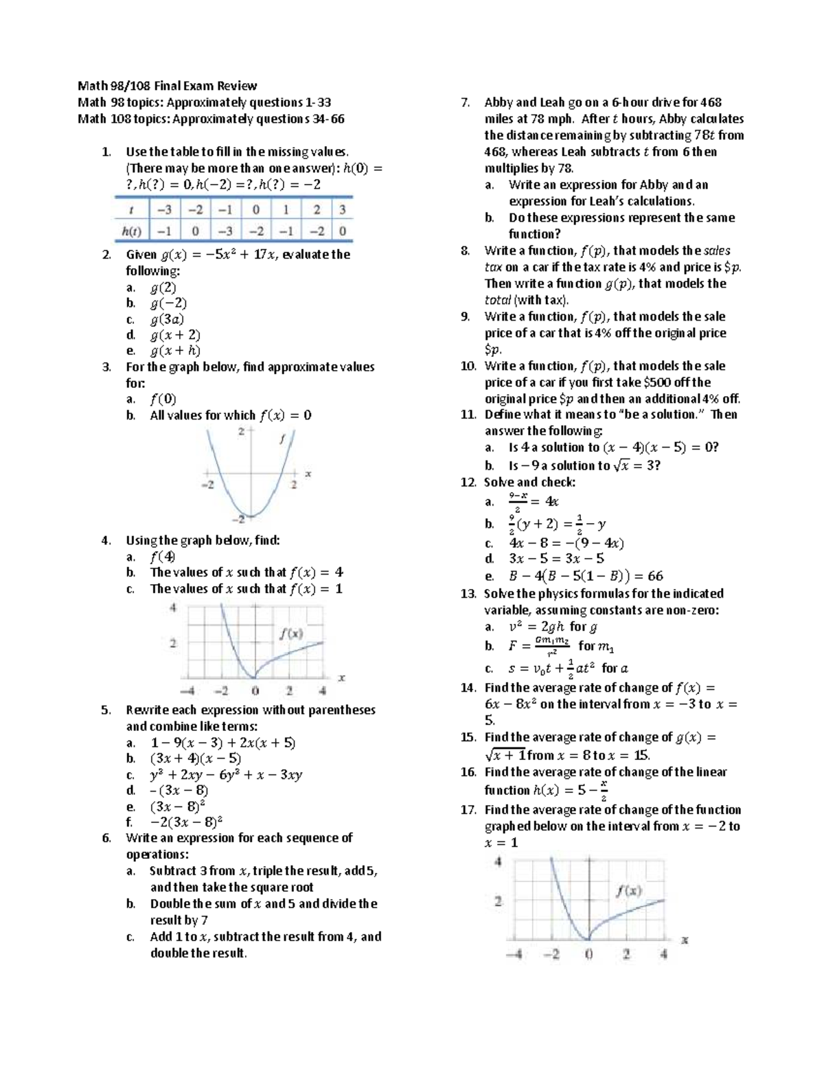 Math 98/108 Final Exam Review - Key Topics & Practice Problems - Studocu
