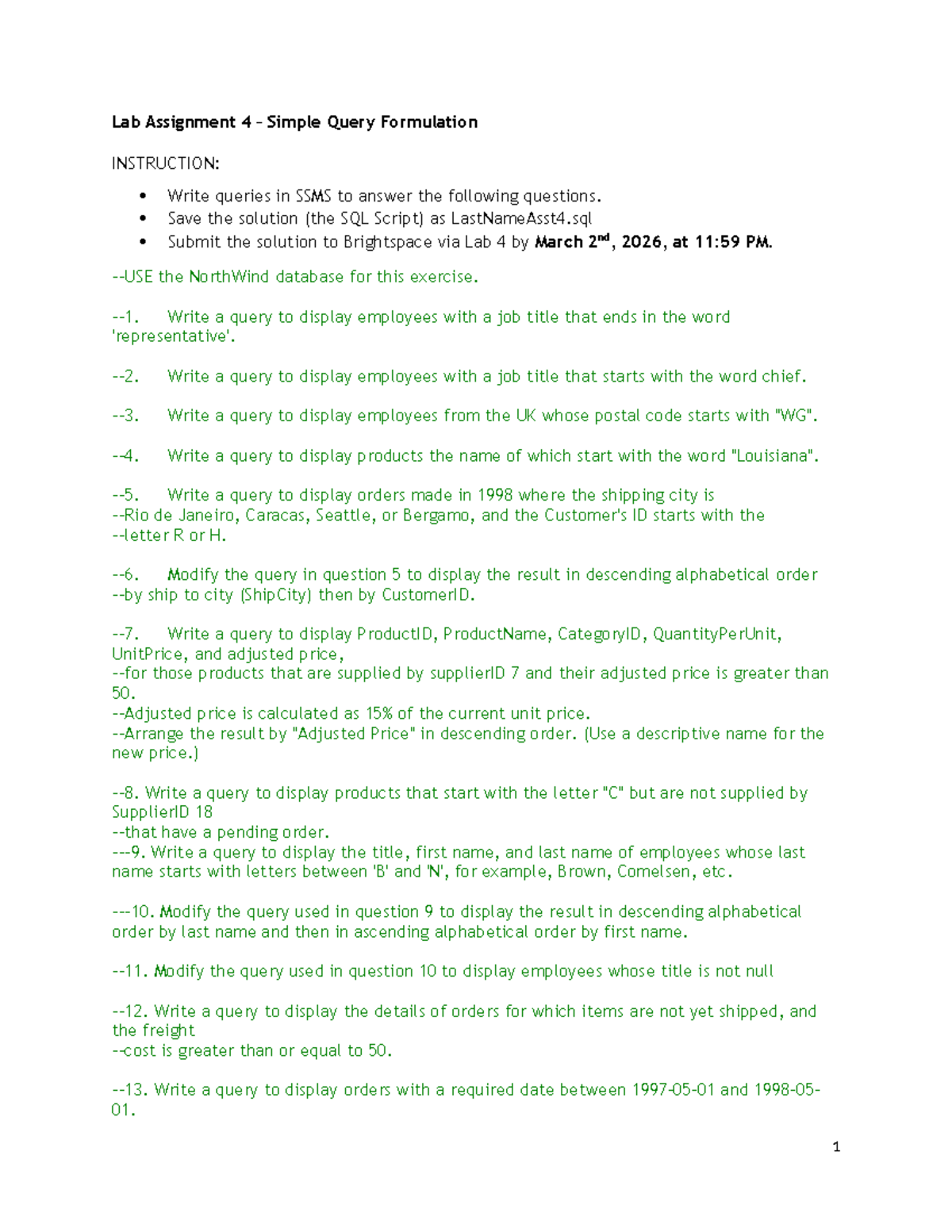 Lab 4 - Simple Query Formulation: SQL Queries for NorthWind Database ...