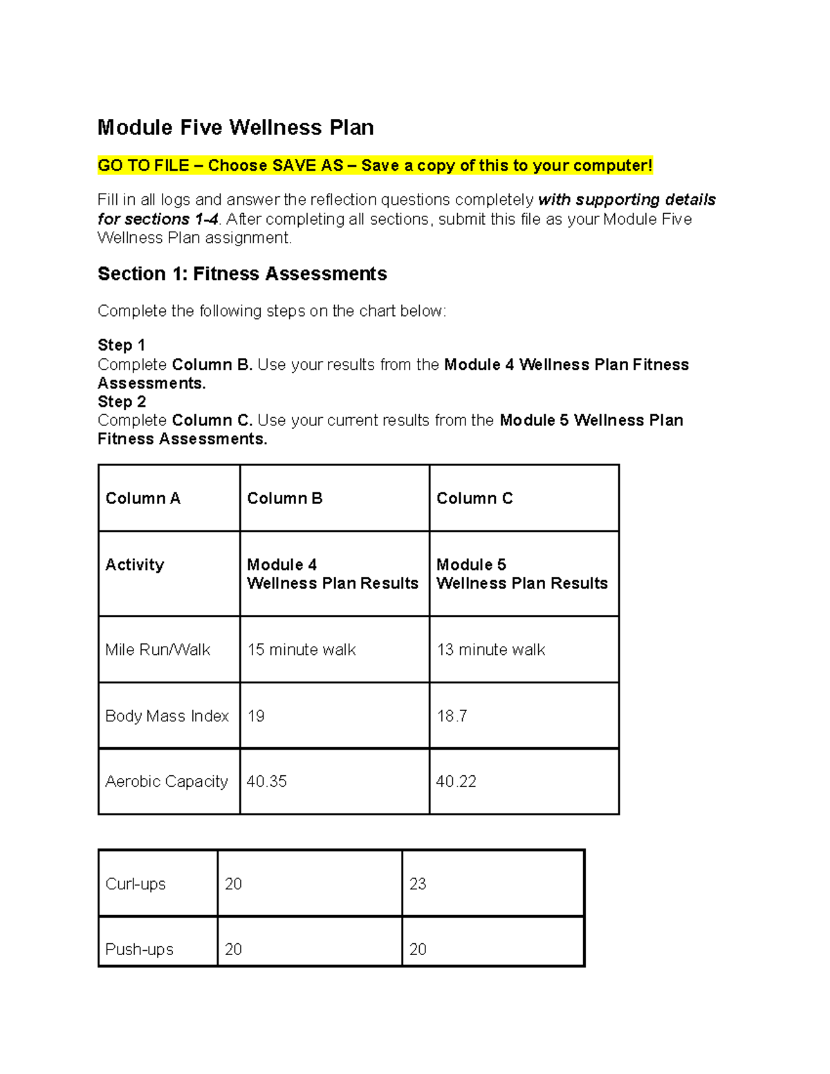 Module 5 Wellness Plan: Fitness Assessments & Reflections - Studocu