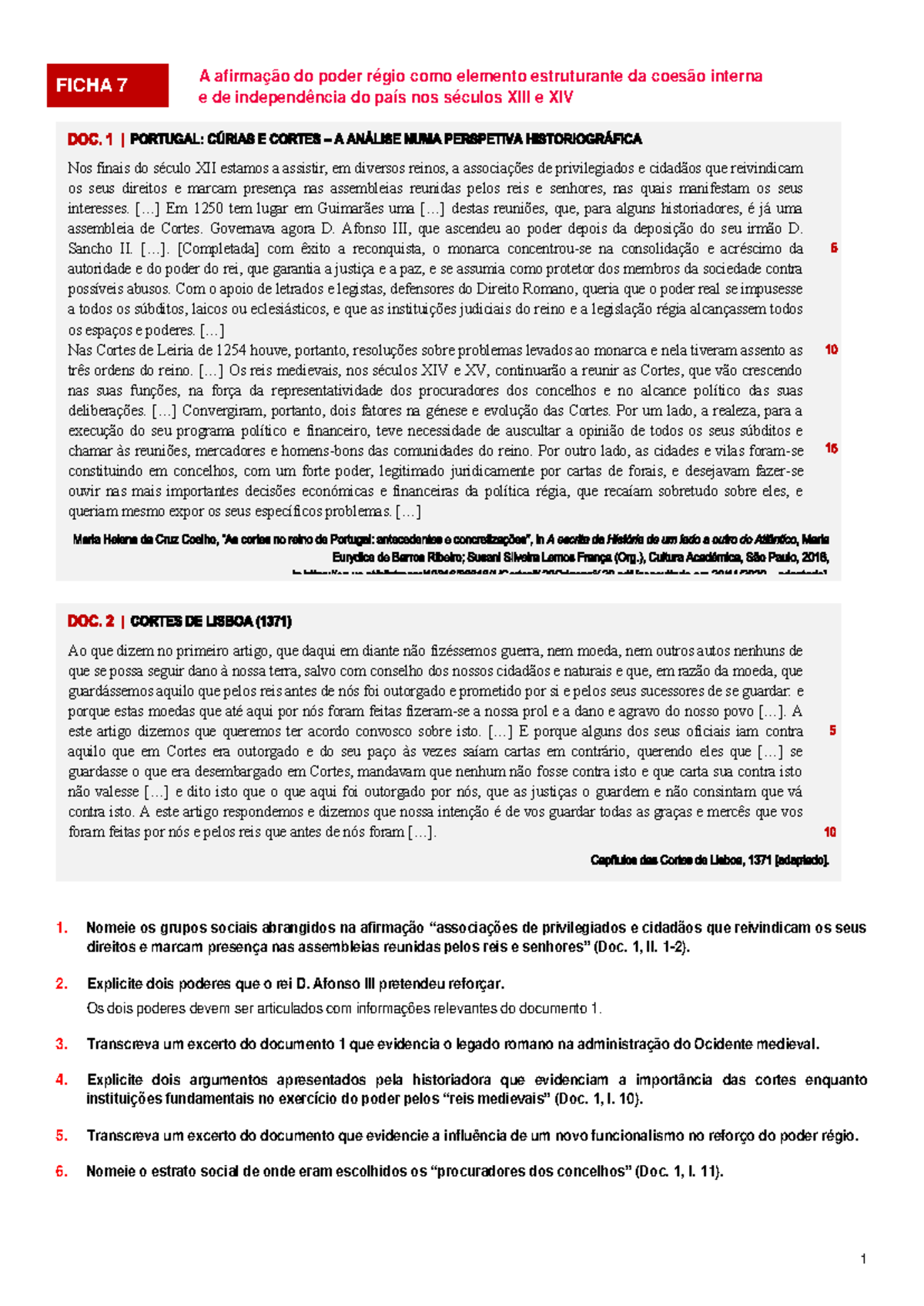 Ficha 7: A afirmação do poder régio na coesão interna e independência ...