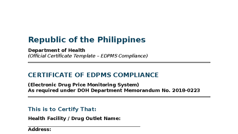 Doh Style Edpms Certificate - Republic of the Philippines Department of ...