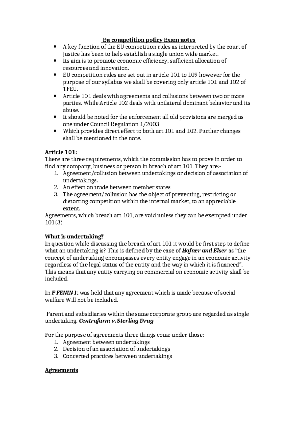 EU Competition Law and Policy Exam Notes: Articles 101 & 102 TFEU - Studocu