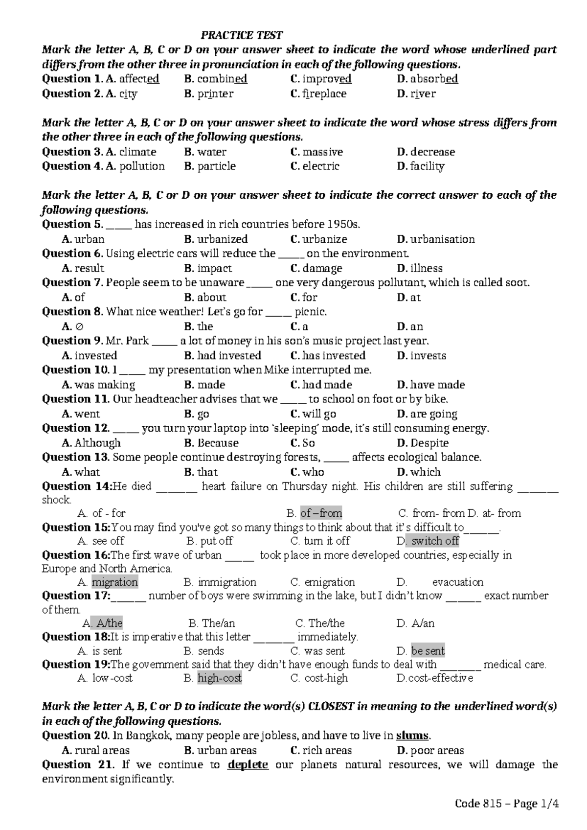 Mid -term - Practice TEST - PRACTICE TEST Mark the letter A, B, C or D ...