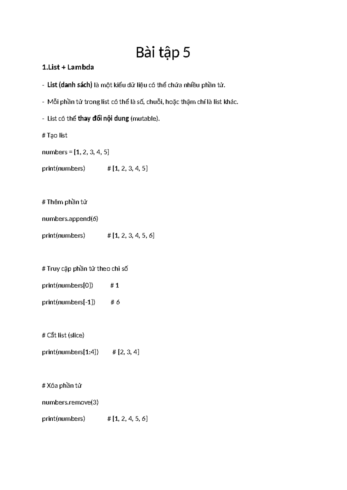 Bài Tập 5: Danh Sách, Lambda và Kiến Thức Python - BCS240019 - Studocu