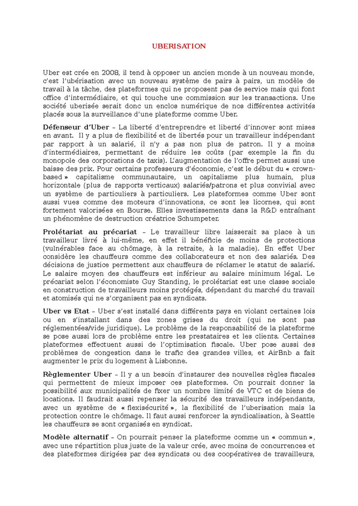 Étude sur l'Uberisation : Modèles et Défis Économiques en 2023 - Studocu