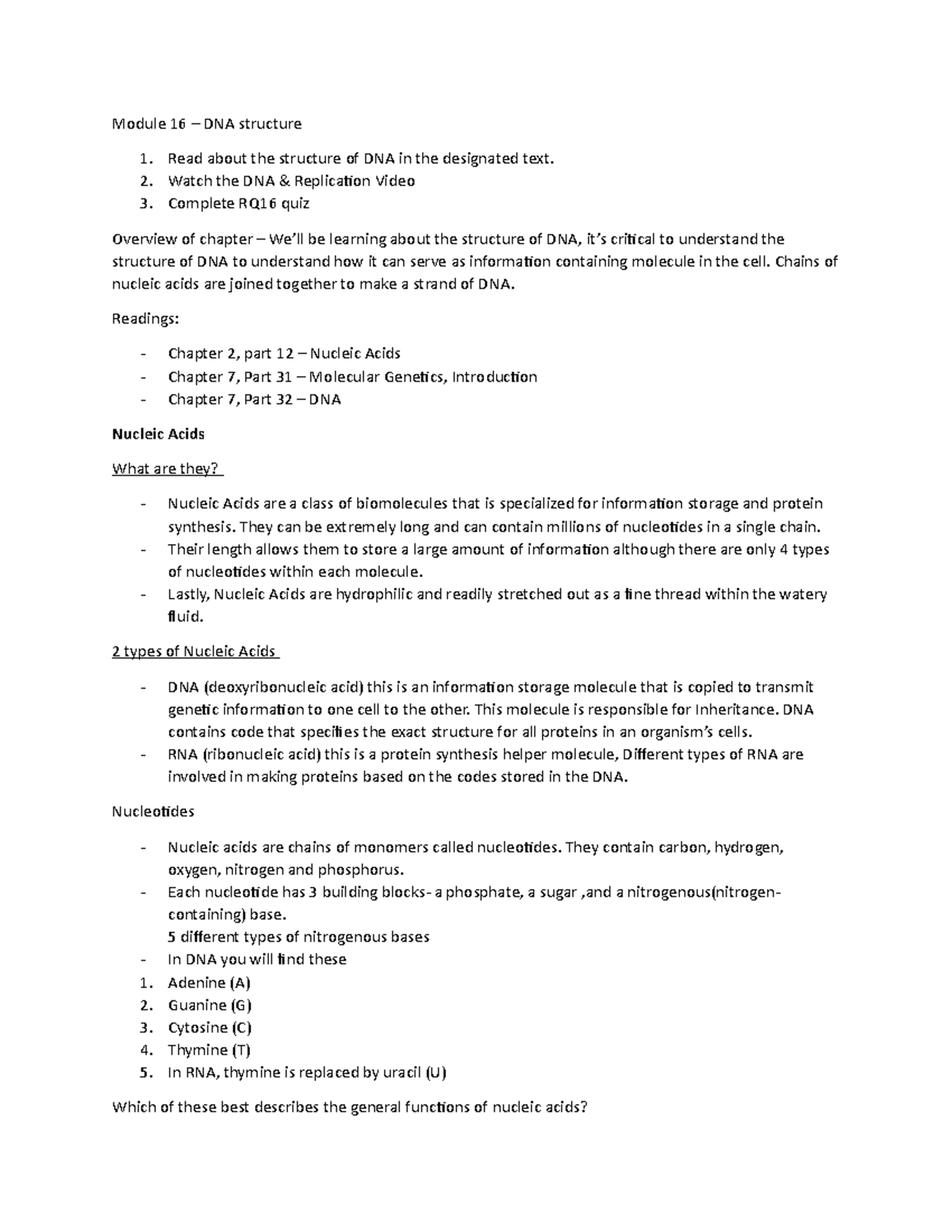 Module 16 - Bio2050 - Professor is Dr.Sirum - Module 16 – DNA structure ...
