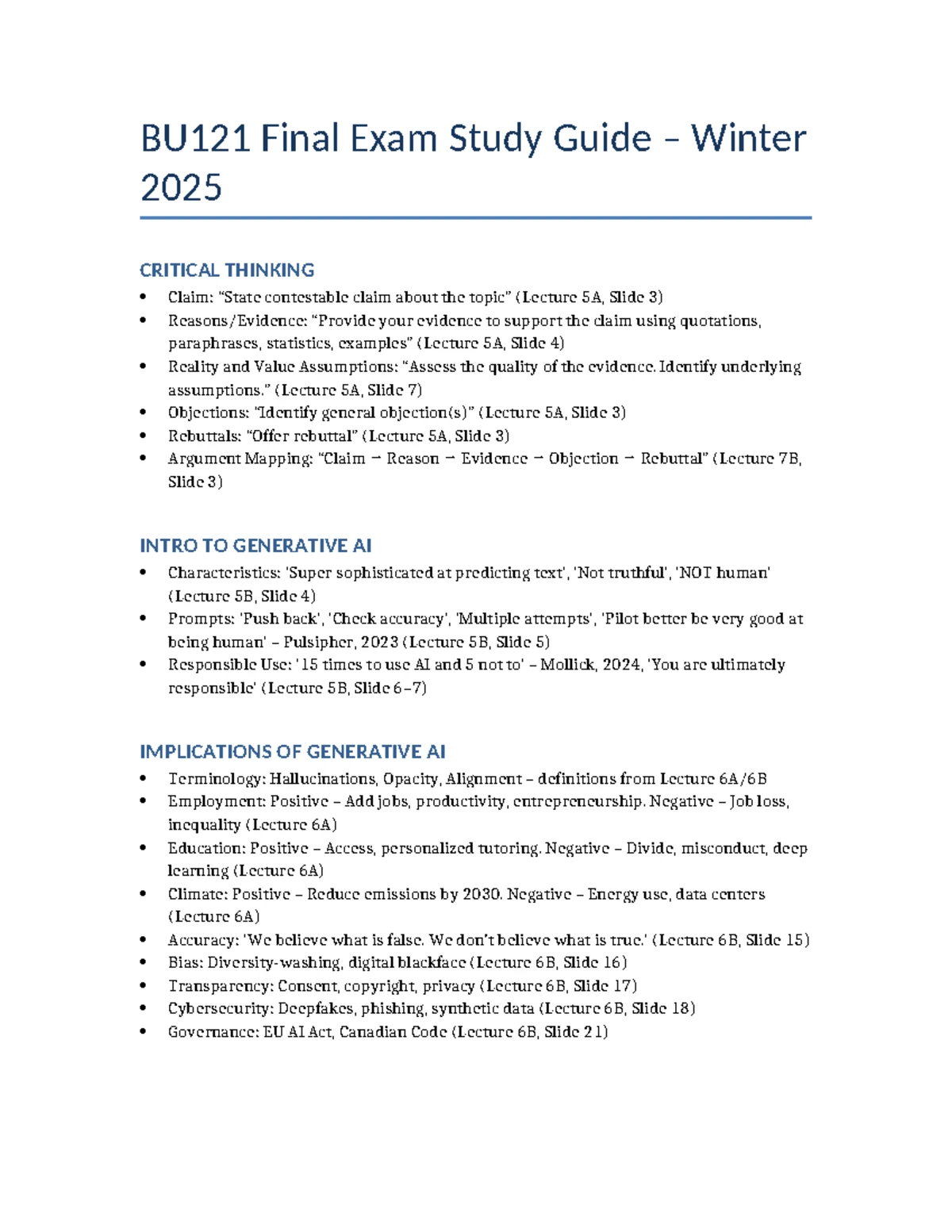 Winter - BU121 Final Study Sheet - CRITICAL THINKING (INCORPORATED ...