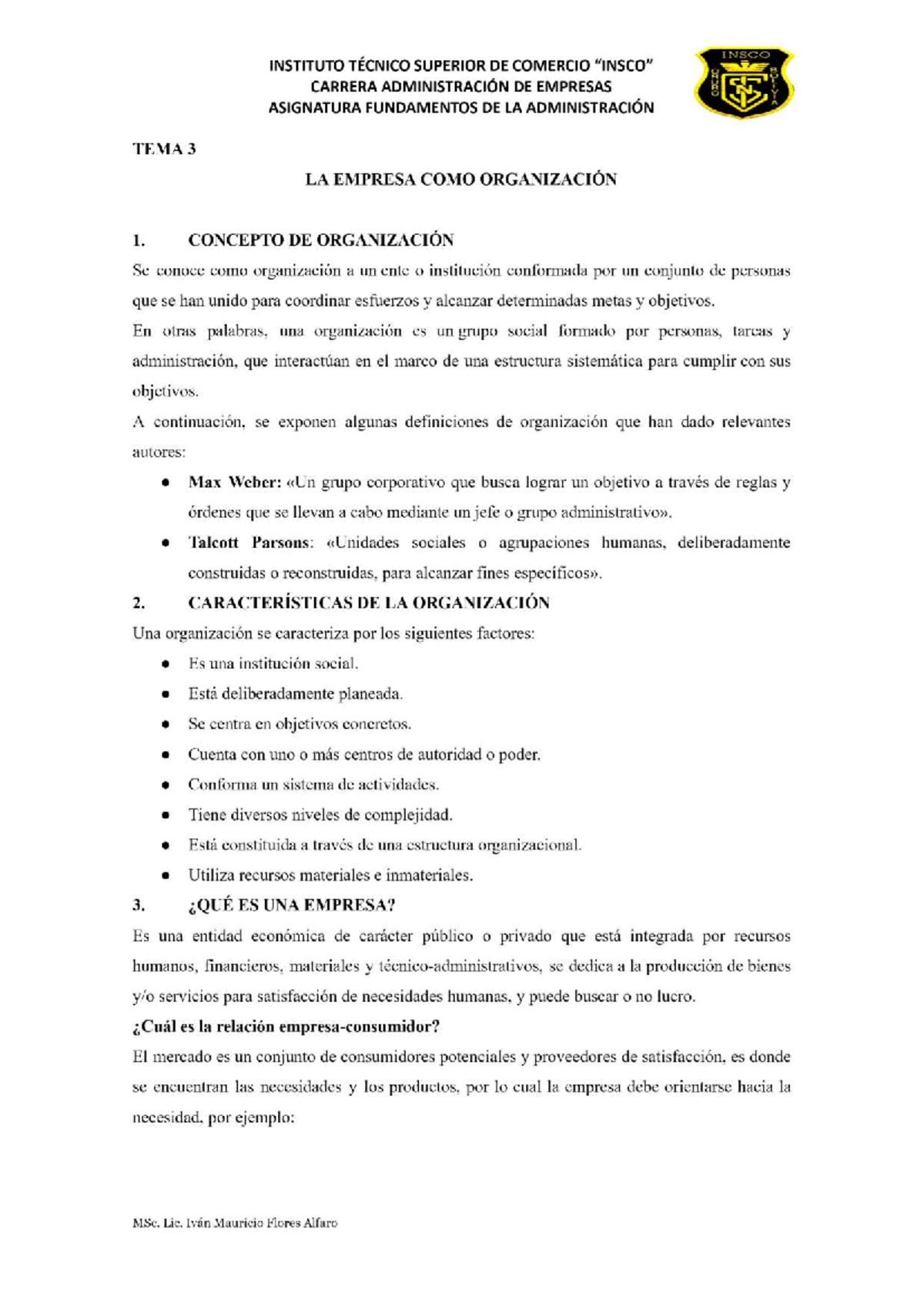 Tema 3: La Empresa como Organización - Fundamentos de la Administración (FUNDAM) - Document Preview