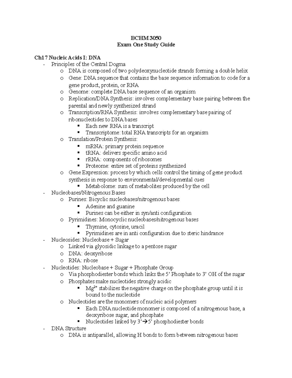 BCHM 3050 Exam 1 Study Guide - Key Concepts in Biochemistry - Studocu