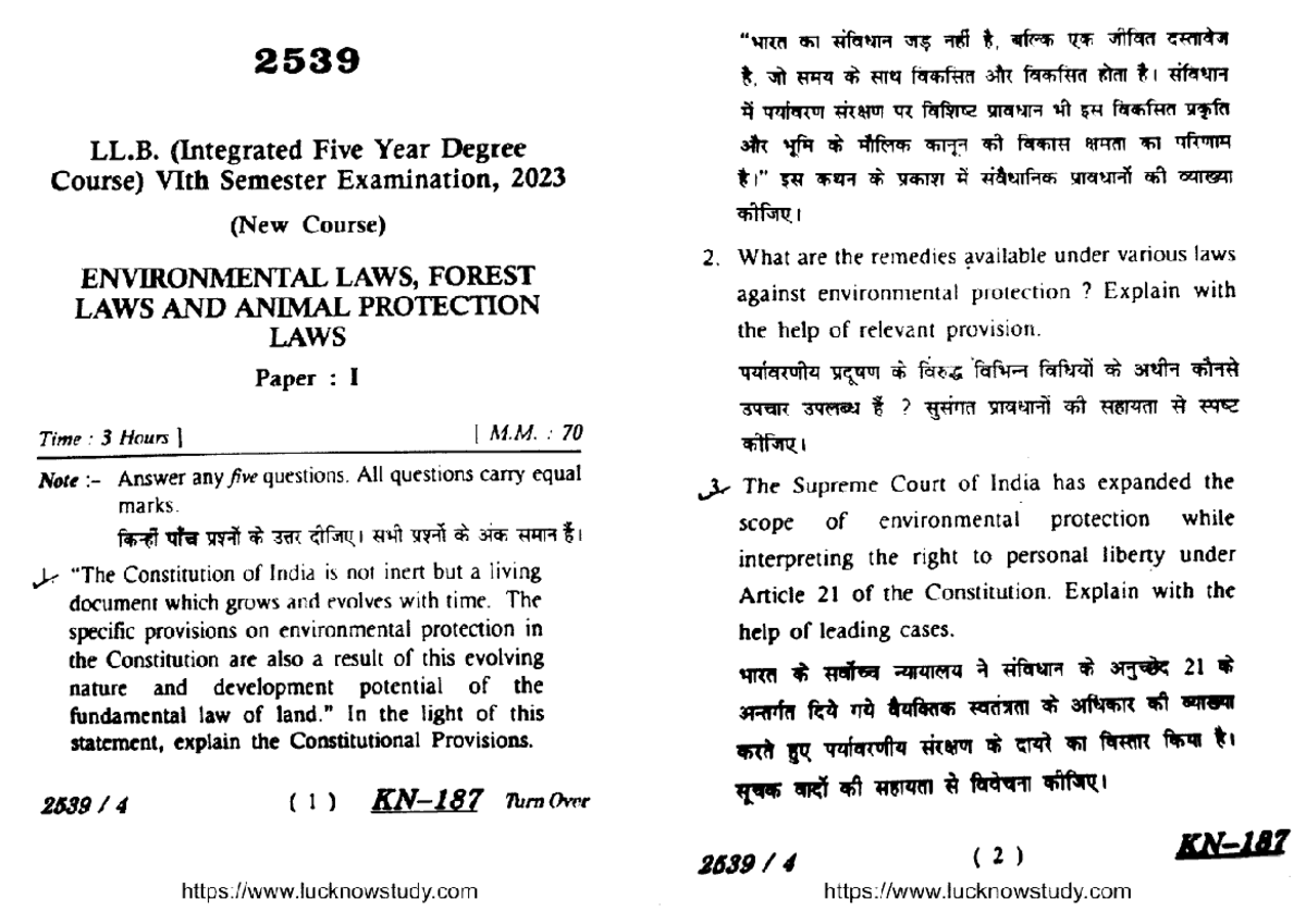 LLB VI Sem Environmental, Forest & Animal Protection Laws 2023 - Studocu