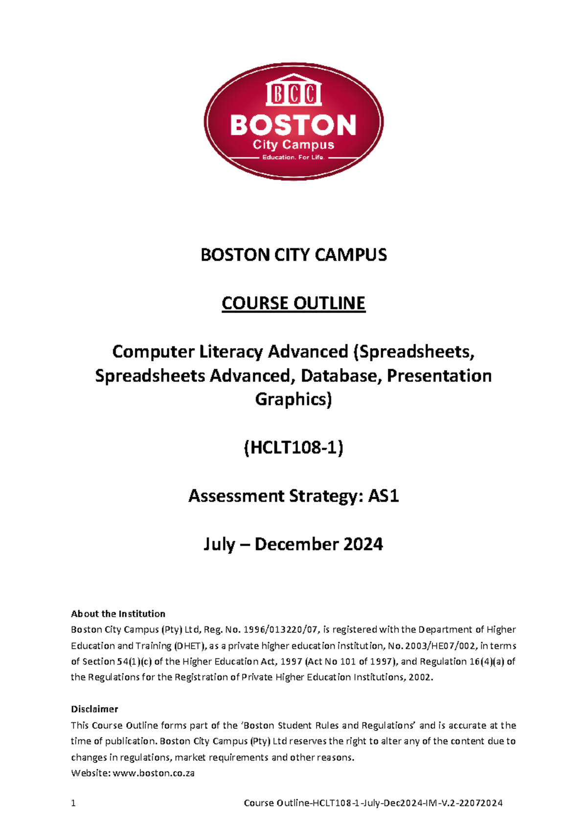 Course Outline- HCLT108-1-July-Dec2024-IM-V - BOSTON CITY CAMPUS COURSE ...
