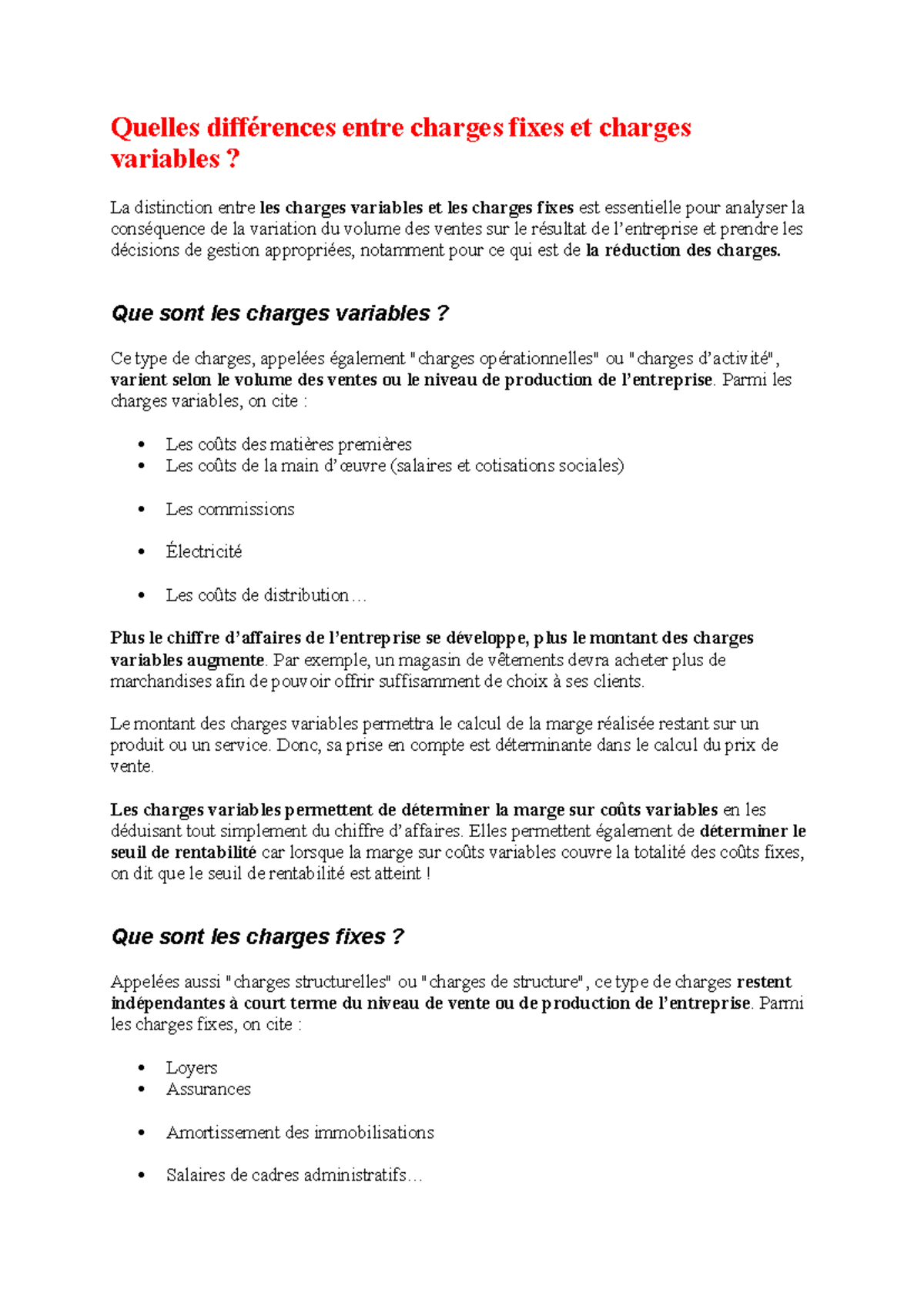 Différences entre Charges Fixes et Variables : Analyse Essentielle ...