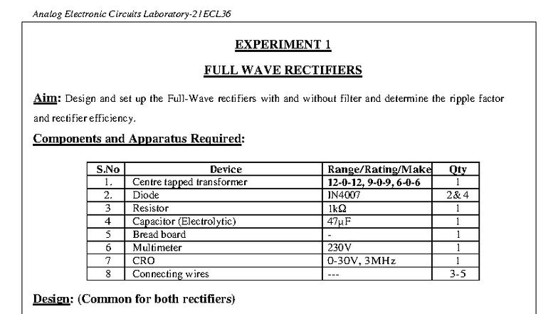 AEC-LAB: Full Wave Rectifiers & Clipper/Clamper Circuits Experiment ...