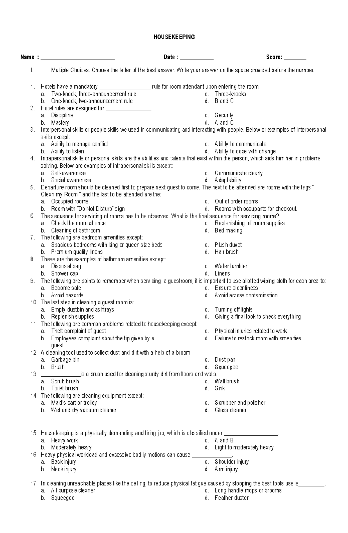 HOUSEKEEPING 442069247: Multiple Choice Exam Review - Studocu