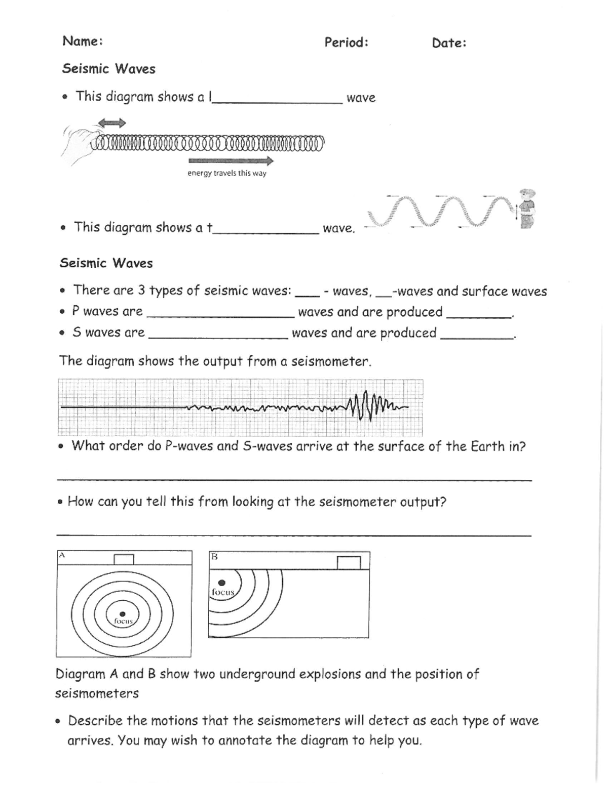 Seismic Waves Worksheet Earthquake P Wave And S Wave Travel Time