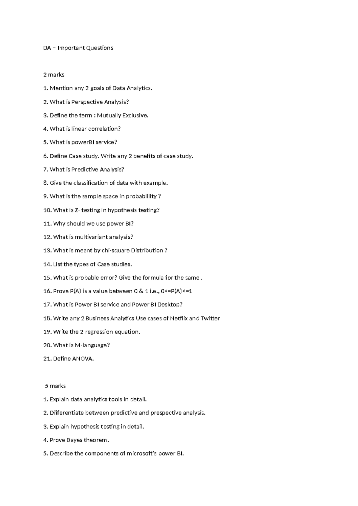 DA Important Questions for Data Analytics Exam Preparation - Studocu