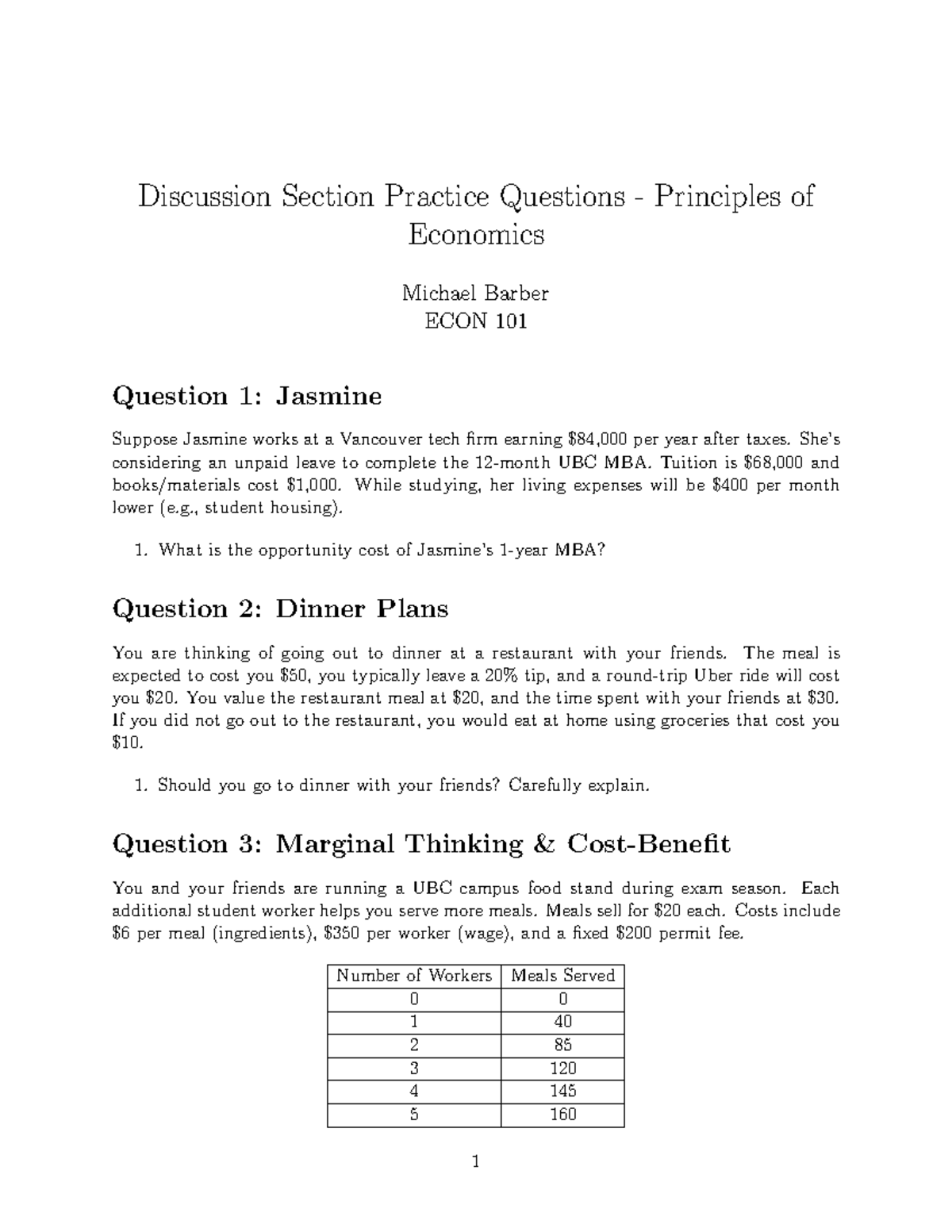 Discussion Section Practice Questions - ECON 101 Principles of ...