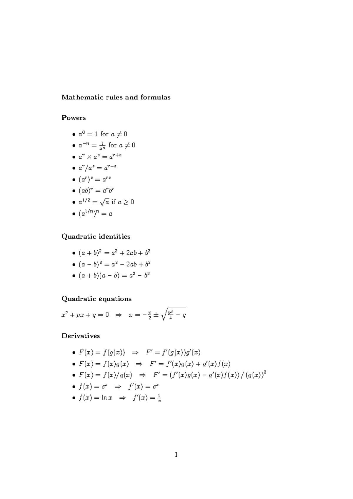 Mathematics Formulas for Exam - MATH101 - Studocu