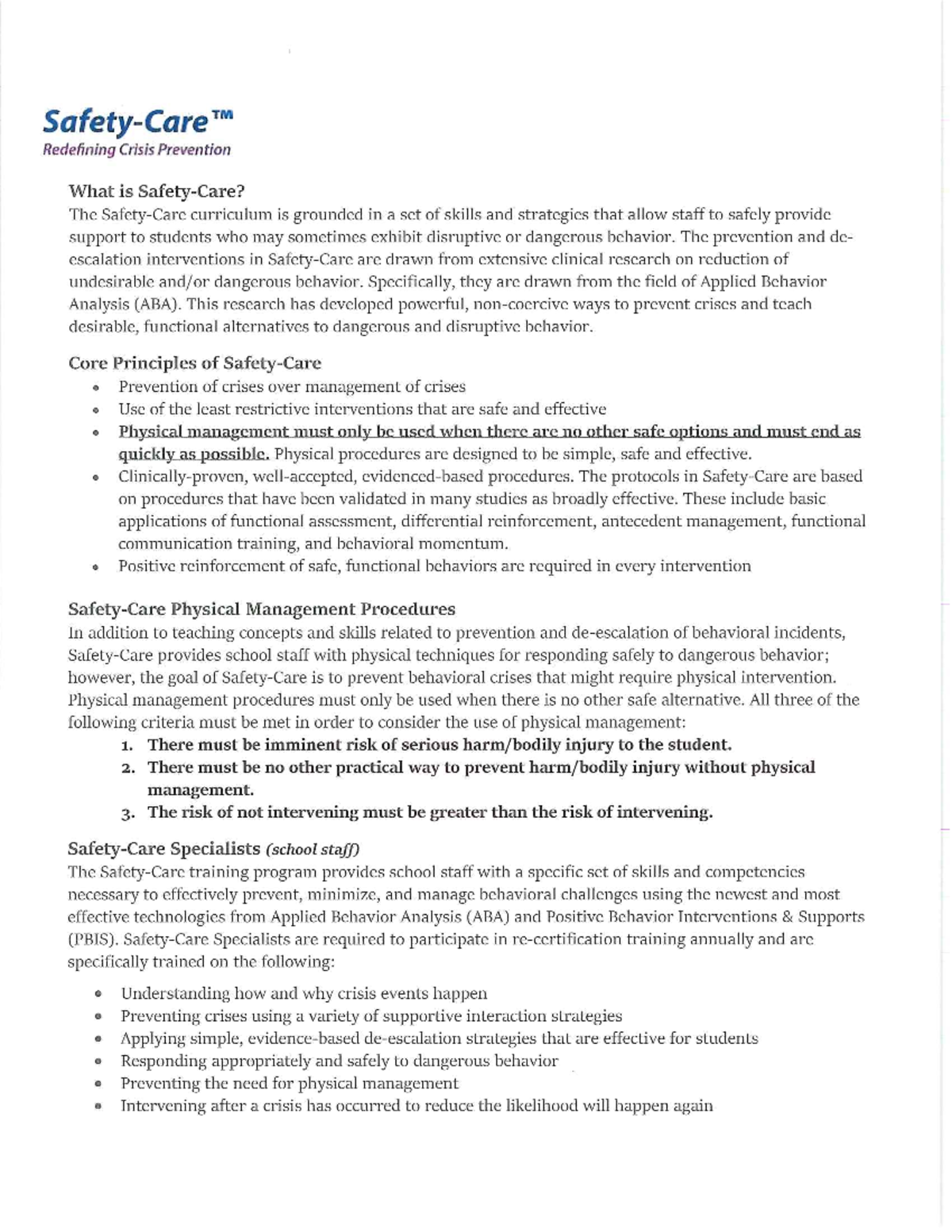 TM Safety Care: Crisis Prevention Training & FAQs - Studocu