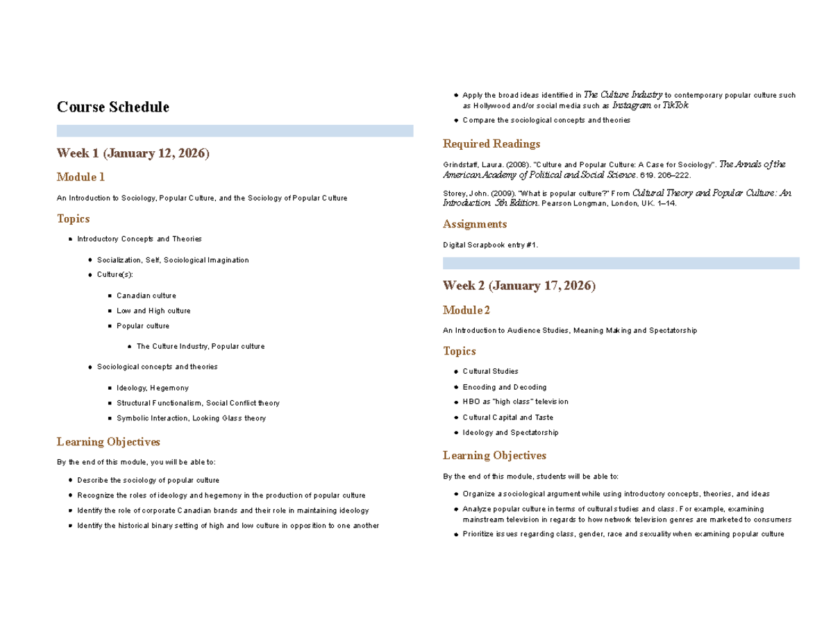 CSOC 202 Course Outline: Sociology of Popular Culture and Media - Studocu